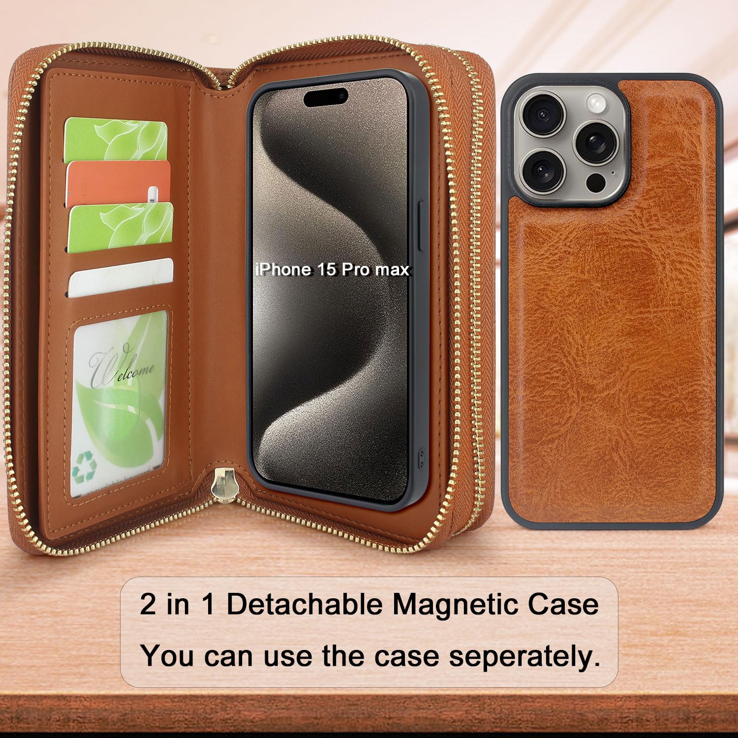 Harryshell iPhone 15 Pro Max Wallet Case (6.7 inch 2023) - Detachable Zipper Purse with Card Slots, Mirror & Crossbody Chain - Brown Leather Phone Cover for Women | Perfect for Travel, Shopping & Everyday Use