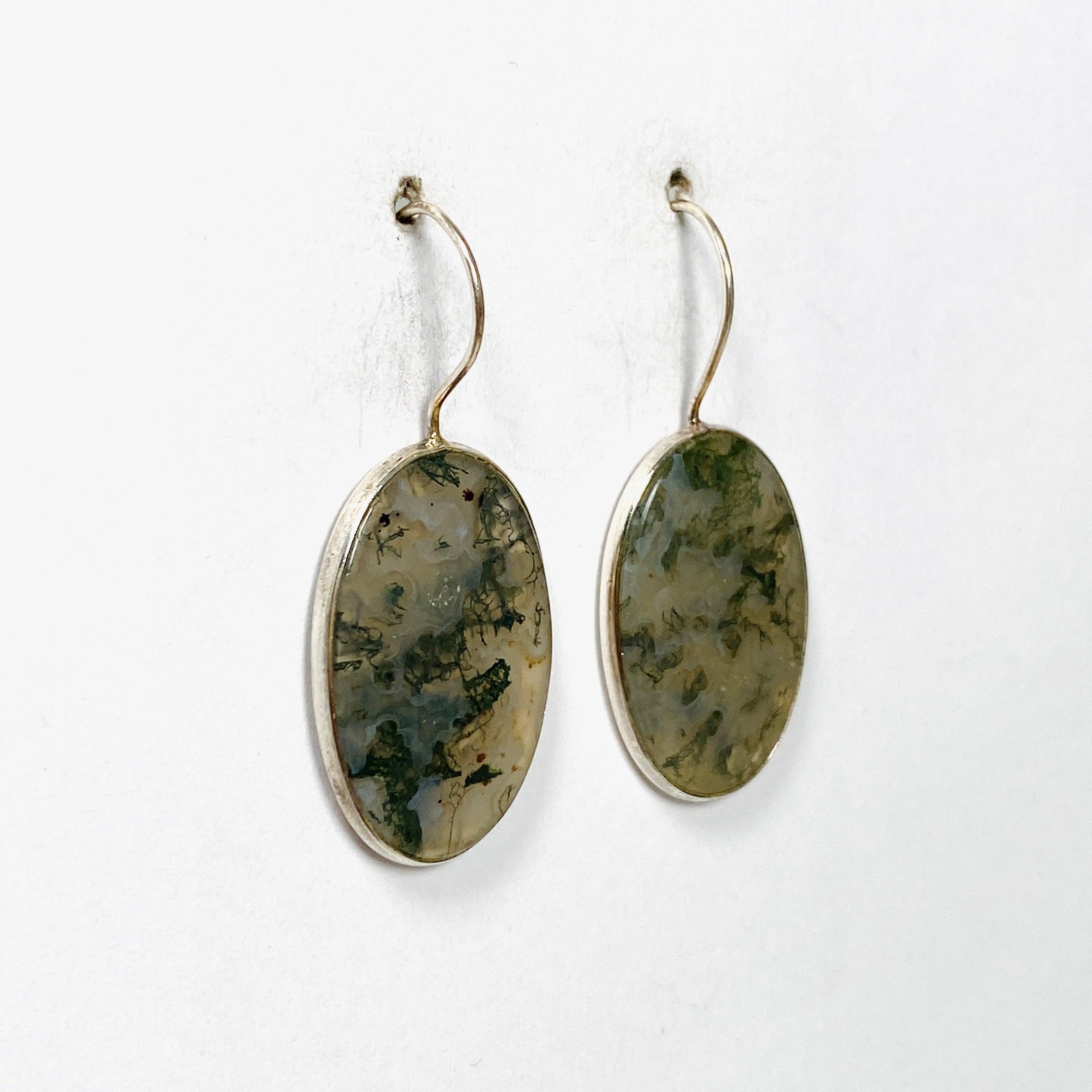 Natural Moss Agate Oval Dangle Earrings with Sterling Silver Hooks - Elegant Boho Jewelry for Women | Perfect for Weddings, Parties & Everyday Wear
