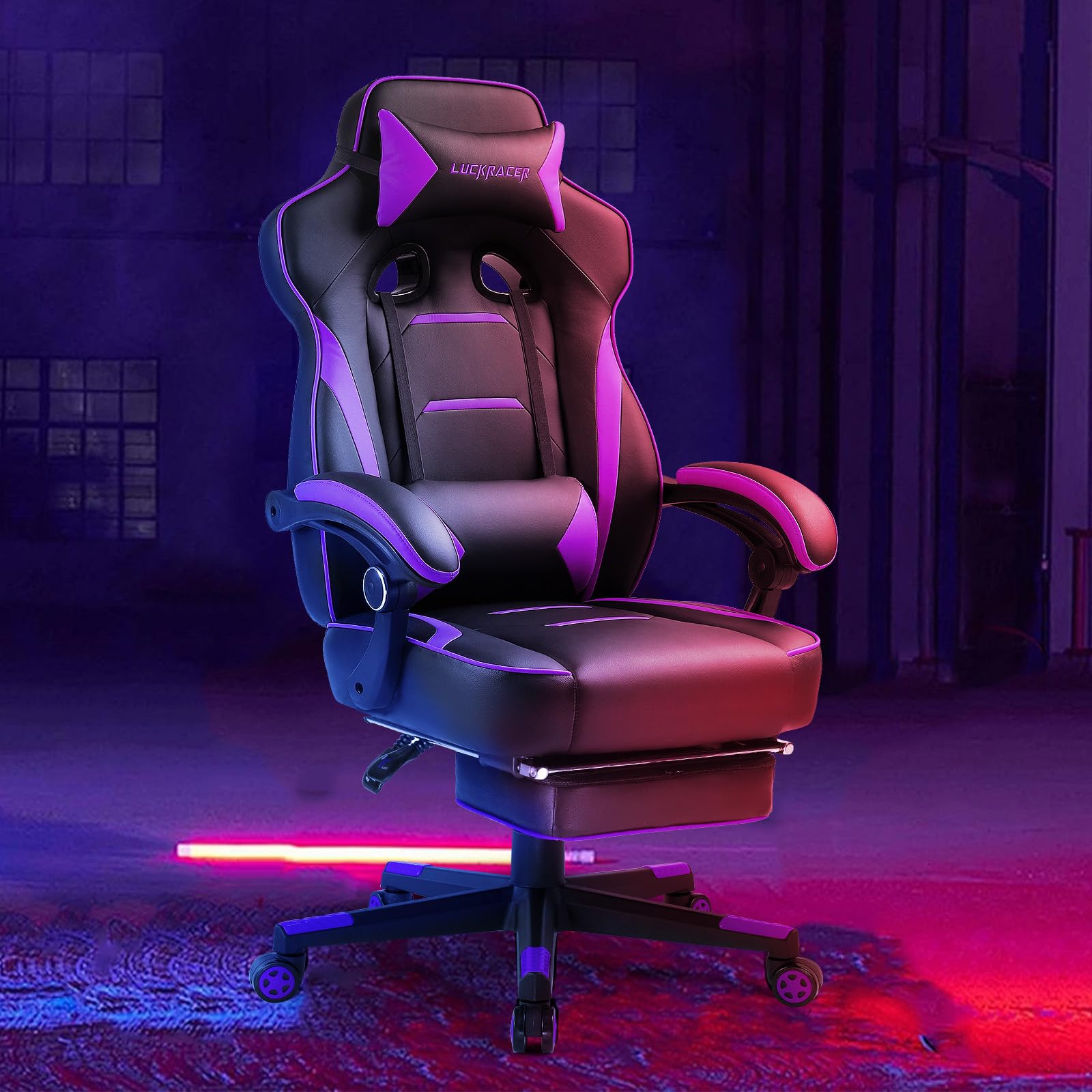 Premium Gaming Chair with Footrest - 350Lb Heavy Duty Ergonomic Computer Chair for Adults, High Back Swivel Office Chair with Lumbar Support & Recliner (Purple) - Perfect for Esports, Streaming & Home Office Setup