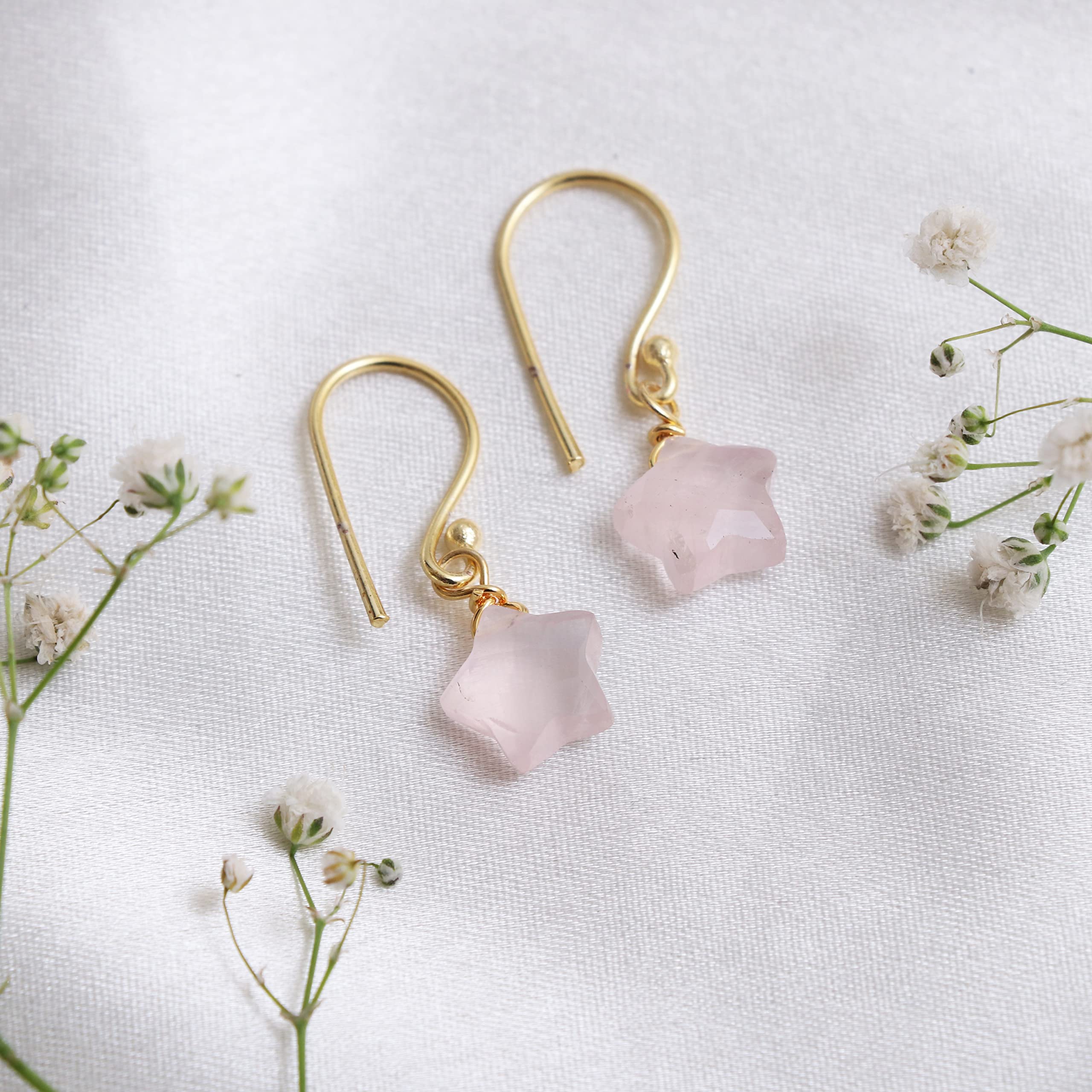 Gempires Natural Rose Quartz Star Hook Earrings for Women - Healing Crystal Dangle Earrings Jewelry | Perfect for Meditation, Yoga & Spiritual Healing