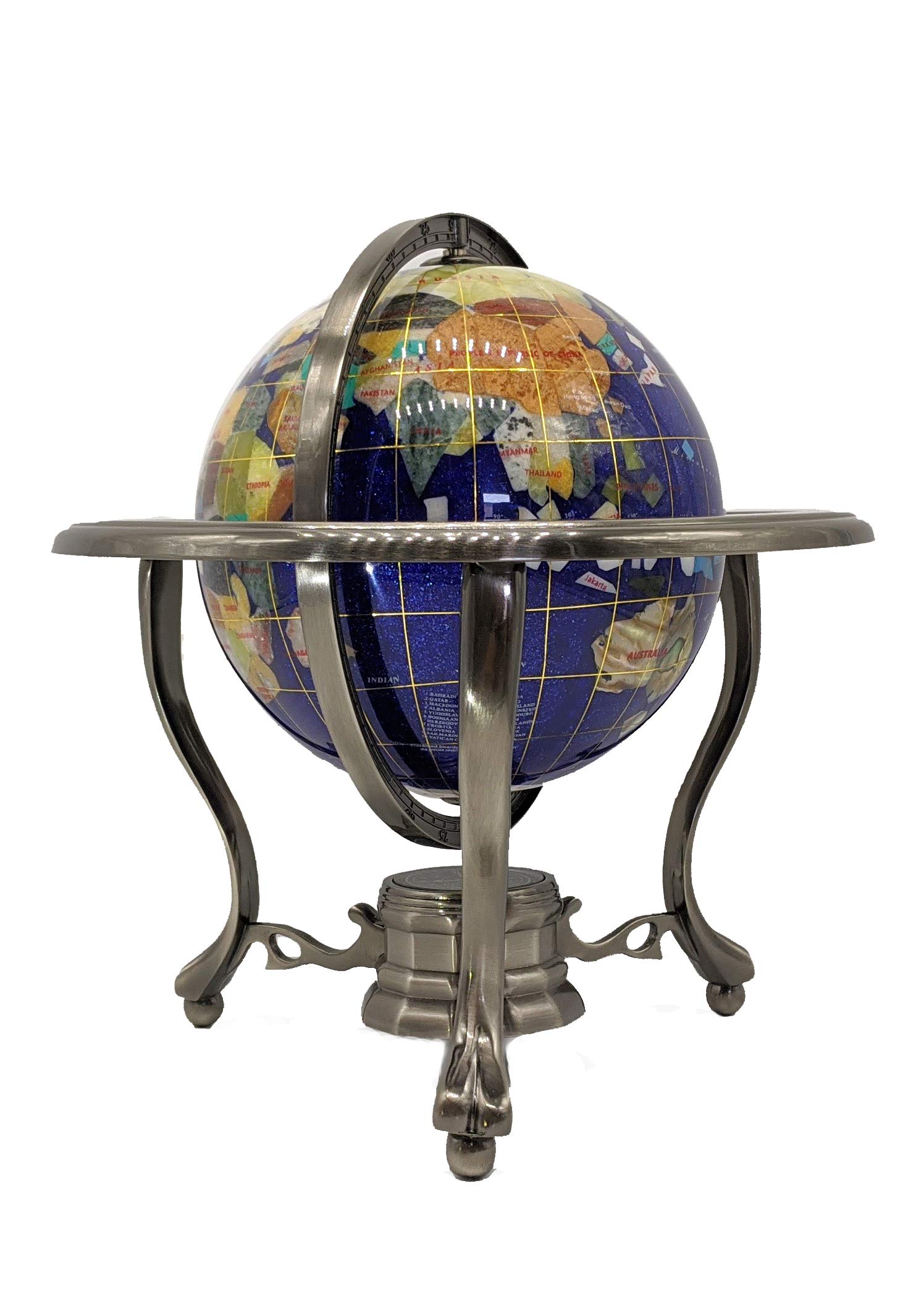 10-Inch Blue Crystallite Ocean Gemstone Globe with Silver Tripod Stand - Unique Art Tabletop Decoration for Home Office, Gift & Feng Shui Decor