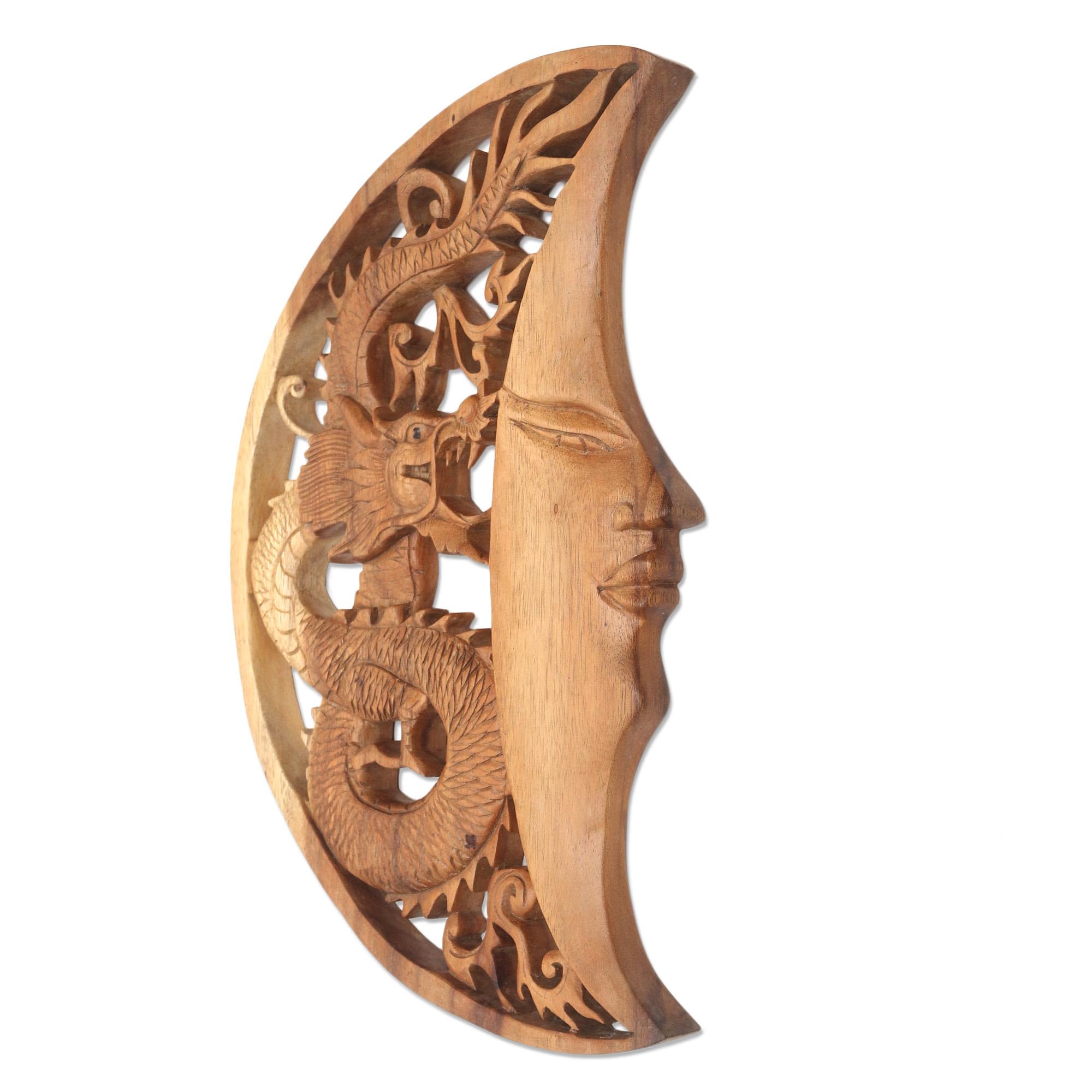 Handcarved Wooden Wall Art Panel - Indonesian Moon Dragon Relief Sculpture - Sun & Animal Themed Home Decor (15.75
