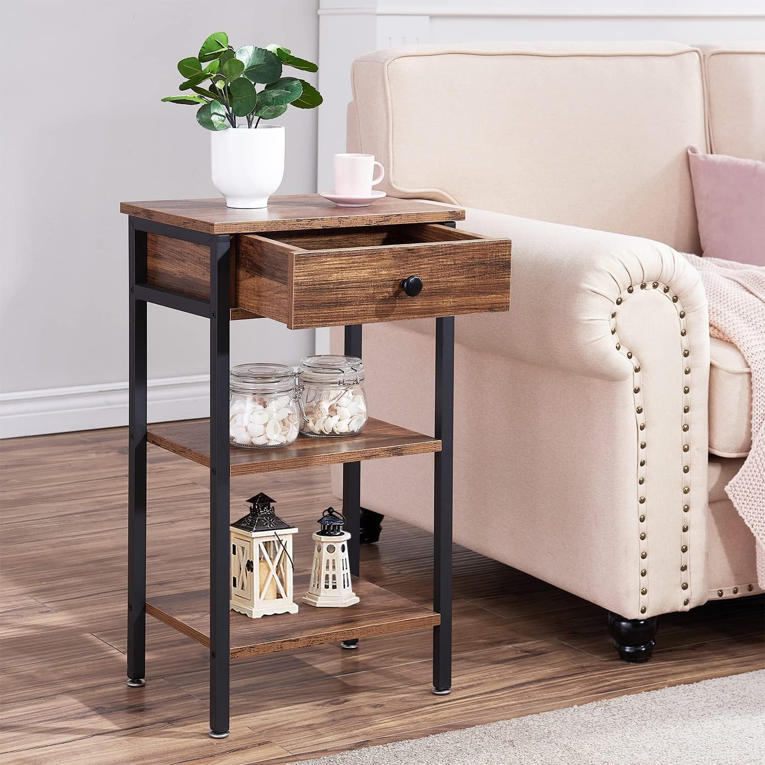 VECELO 2-Piece Tall End Table with Adjustable Shelf & Drawer - Nightstand for Small Spaces, Living Room & Bedroom Furniture - Brown Wood Side Table (Perfect for Studio Apartments, Dorm Rooms & Cozy Bedside Storage)