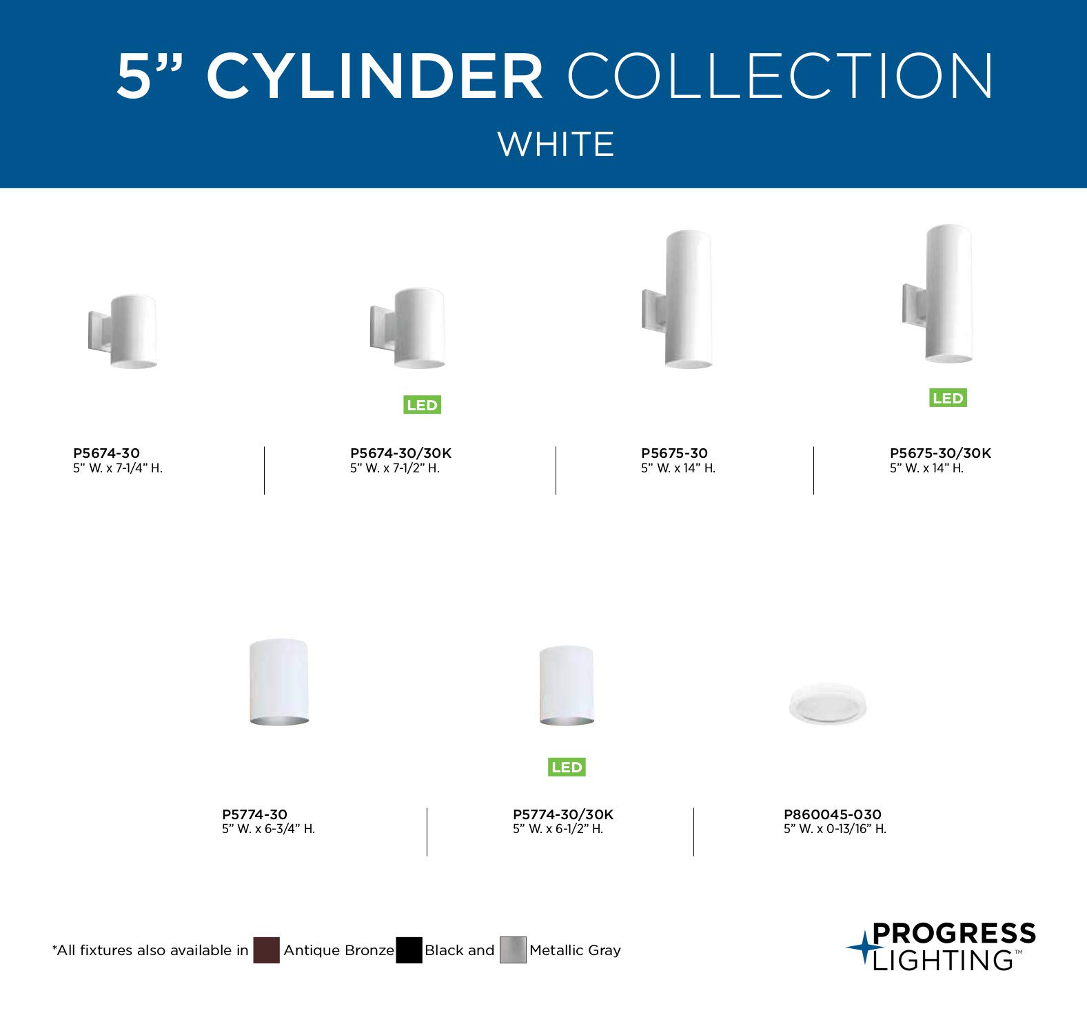 Progress Lighting P5675-30/30K 5 Inch Cylinder Modern Outdoor Wall Lantern Light - 14 Inch Tall White LED Fixture for Porch, Patio, Garden & Entryway Lighting