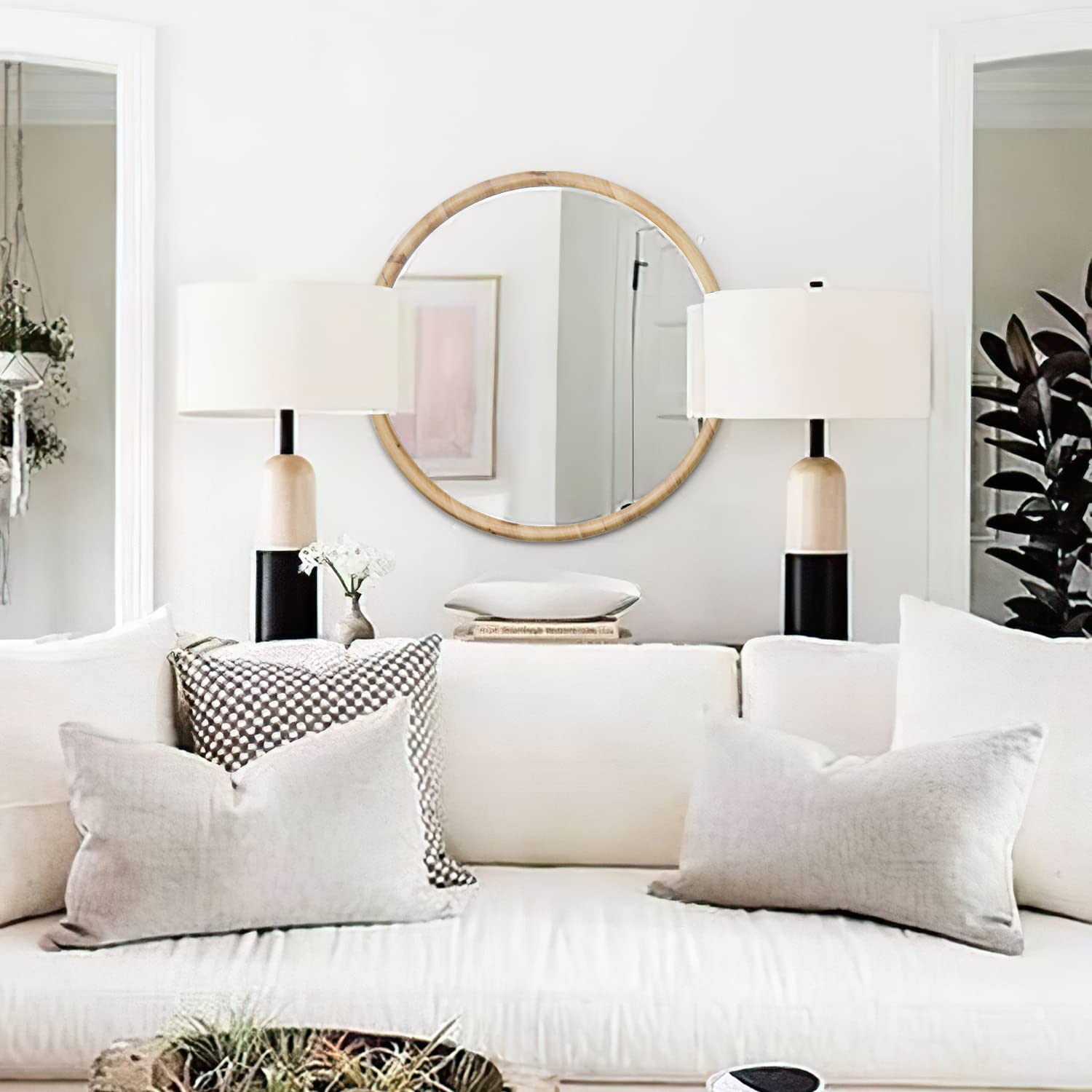Sawsile 24 Inch Natural Wood Round Mirror - Rustic Farmhouse Decorative Wall Mirror for Living Room, Fireplace, Hallway - Perfect for Home Decor & Cozy Spaces