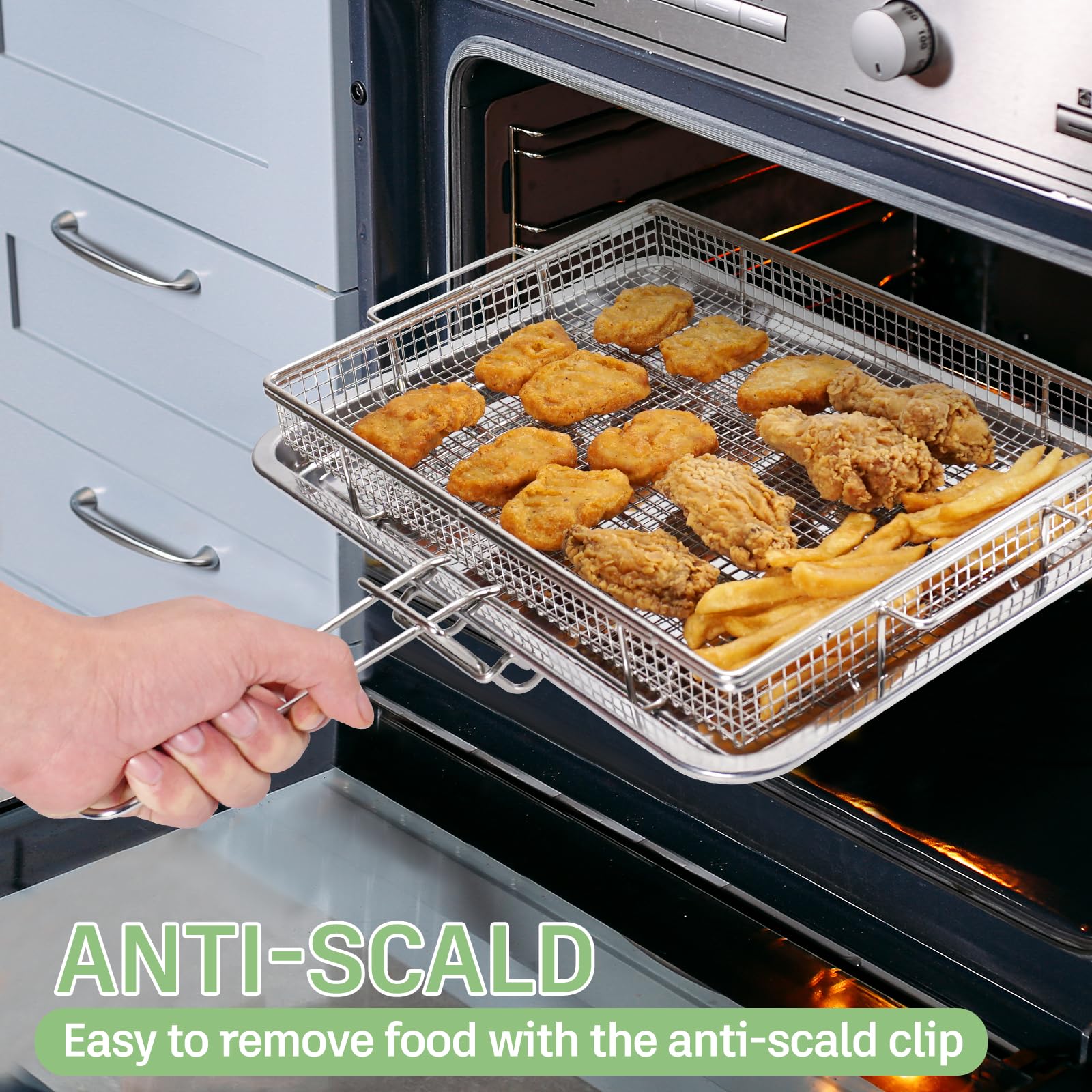 Stainless Steel Air Fryer Basket for Oven - 2-Piece Set with Heavy-Duty Wire Rack & Anti-Scald Handle Clip (12.8