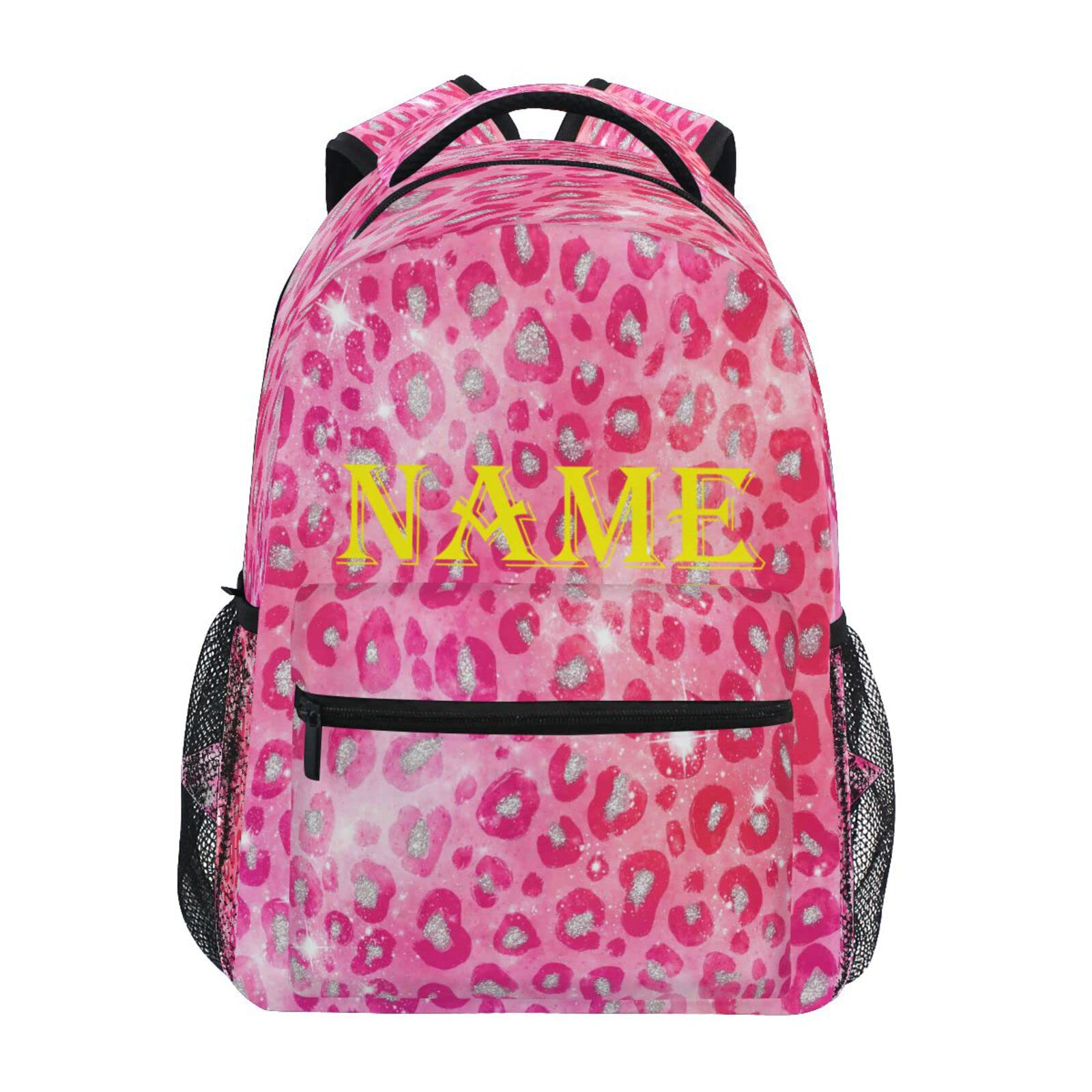 Custom Name Backpack - Pink Silver Sparkle Leopard Print 16