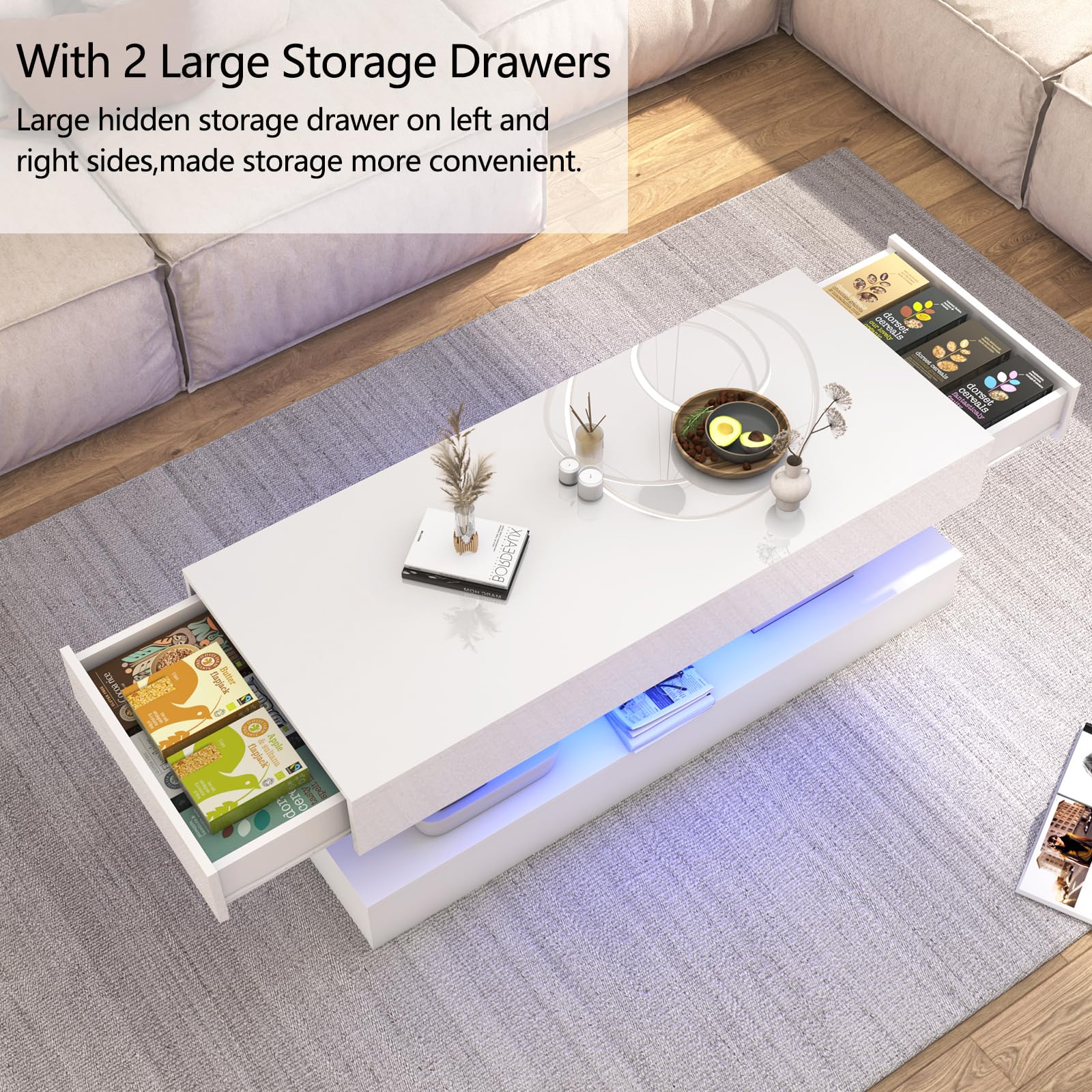 **Uspeedy 47.3 Inch High Glossy LED Coffee Table with APP Control, Modern Black/White Living Room Furniture - Perfect for Home Decor, Parties & Nighttime Ambiance (White)**