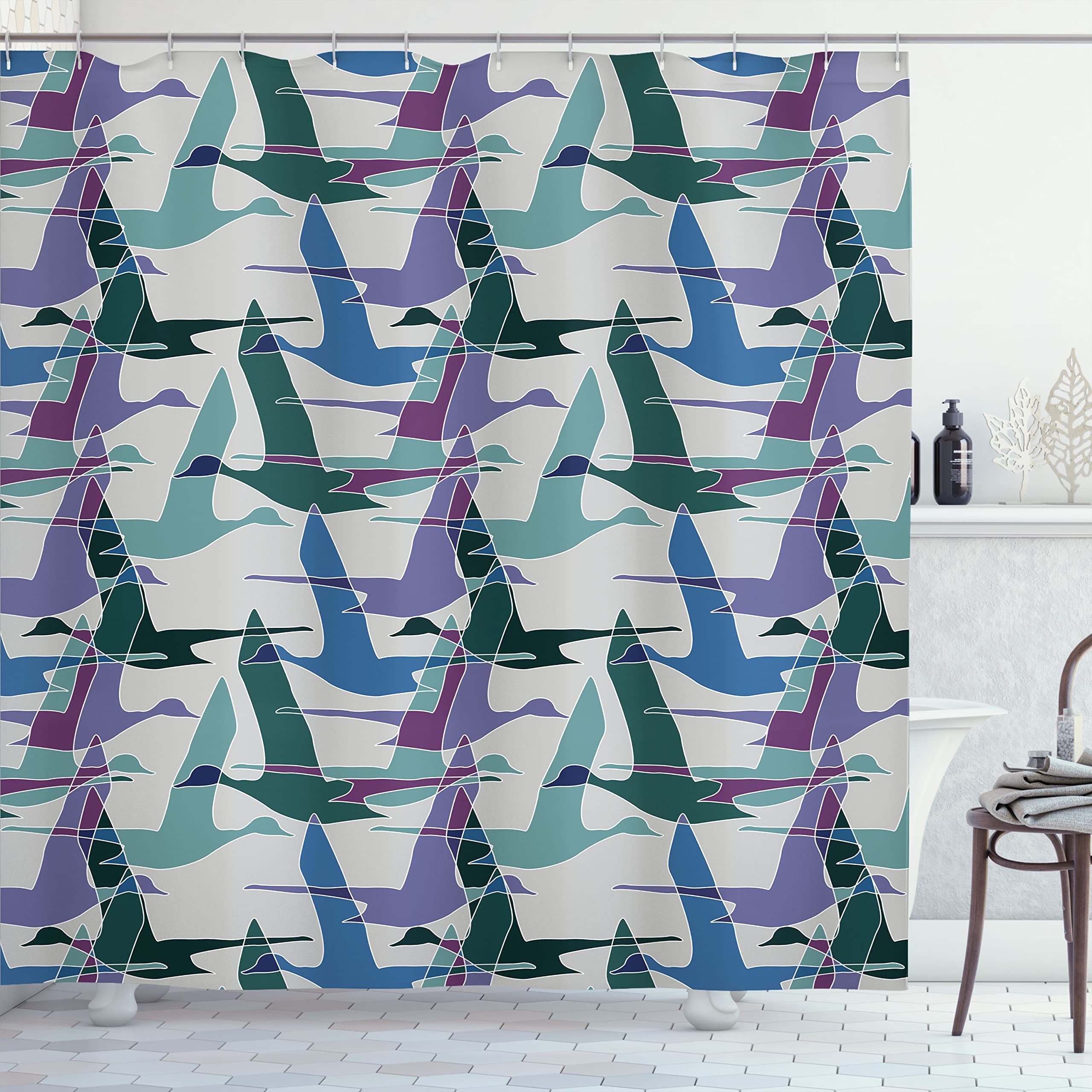 Ambesonne Flying Ducks Shower Curtain - Colorful Mallard Geese Waterfowl Abstract Print Fabric Bathroom Decor with Hooks, 69x70 Inches - Perfect for Farmhouse, Cottage & Nature-Themed Bathrooms
