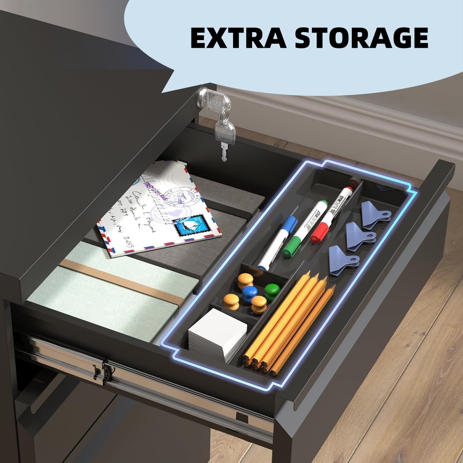 Mobile File Cabinet with Lock - 3 Drawer Home Office Storage for A4/Letter/Legal Size Folders, Fully Assembled Matte Black Filing Cabinet | Perfect for Small Spaces & Document Organization