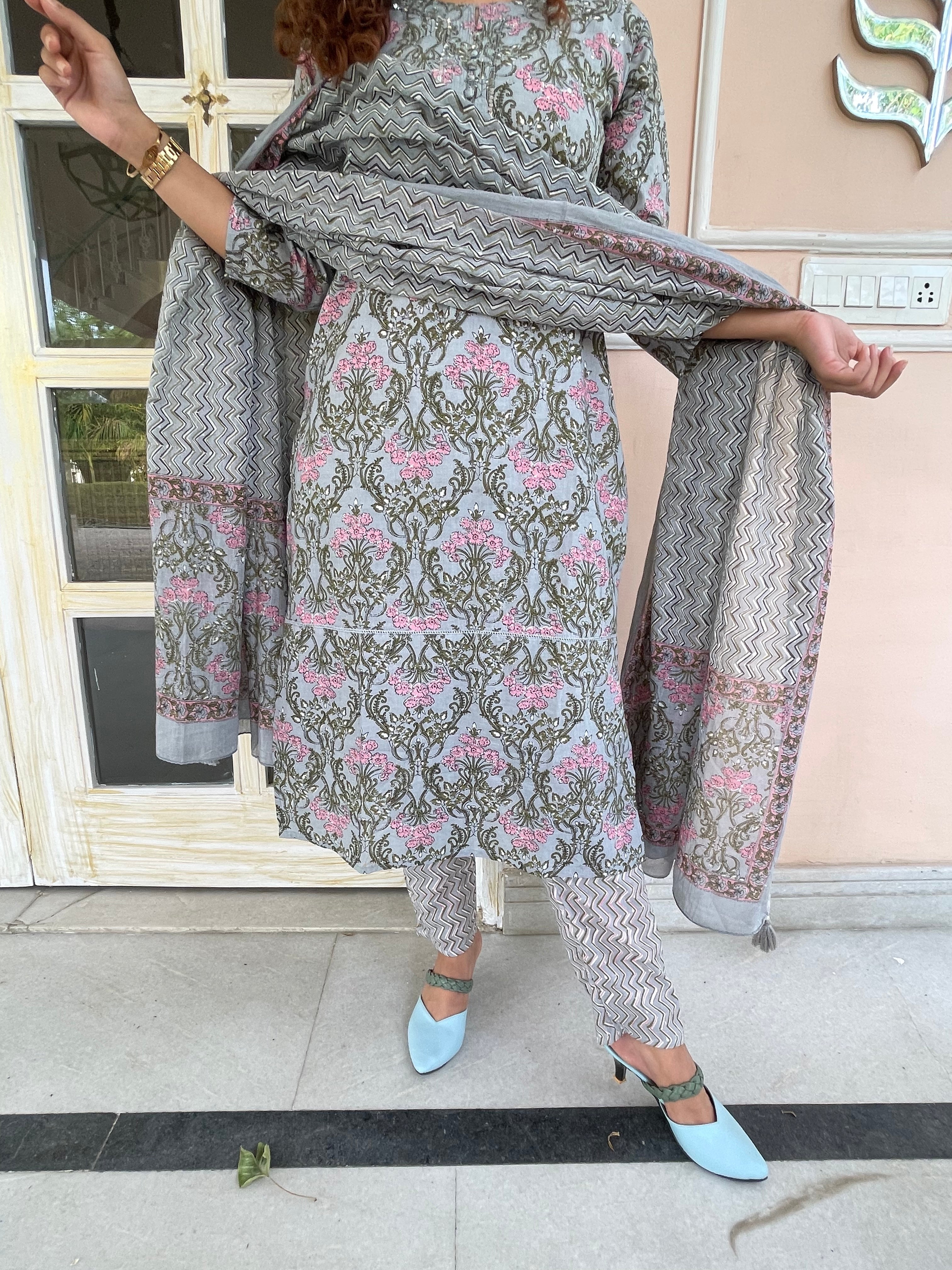 Elegant Pink and Grey Embroidered Dupatta Suit Set for Women | Traditional Indian Ethnic Wear | Perfect for Weddings, Festivals & Special Occasions