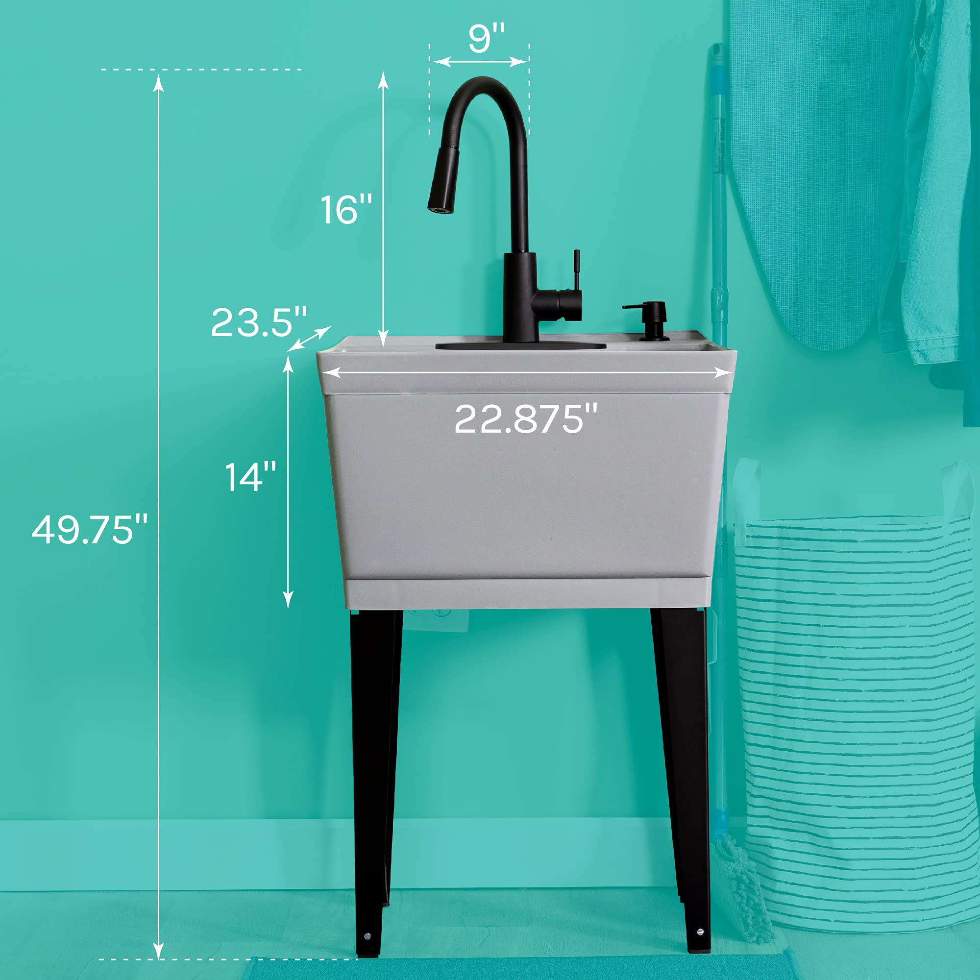 VETTA Grey Utility Sink Laundry Tub with High Arc Black Faucet - Heavy Duty Free Standing Slop Sink with Pull Down Sprayer for Laundry Room, Basement, Garage & Workshop | Perfect for Washing Pets, Cleaning Tools & DIY Projects