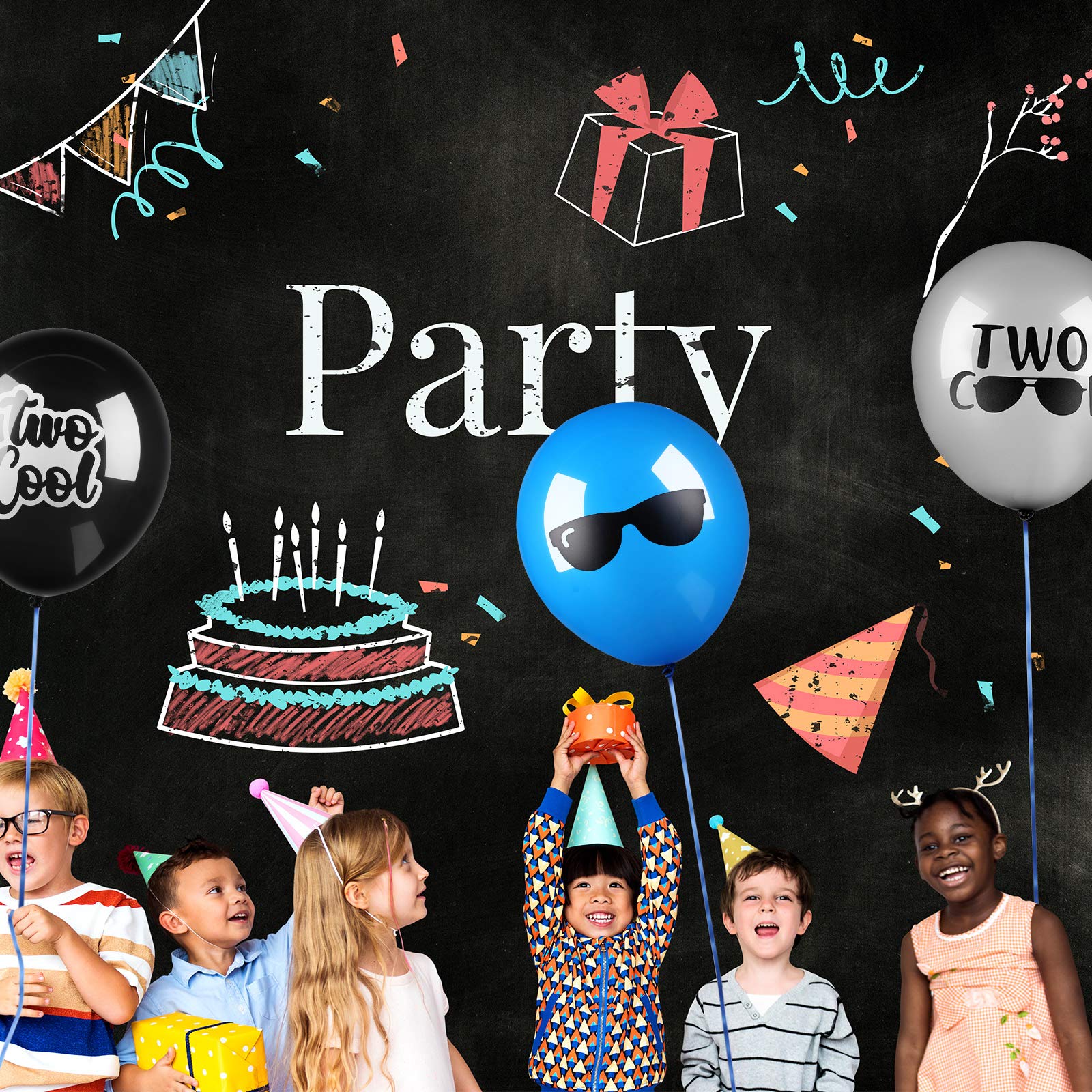 30-Pack Two Cool Party Supplies - Latex Balloons, Sunglasses Balloons in Black, Silver & Blue with 10m Dark Blue Ribbon - Perfect for 2nd Birthday Boy Party Decorations & Themed Celebrations