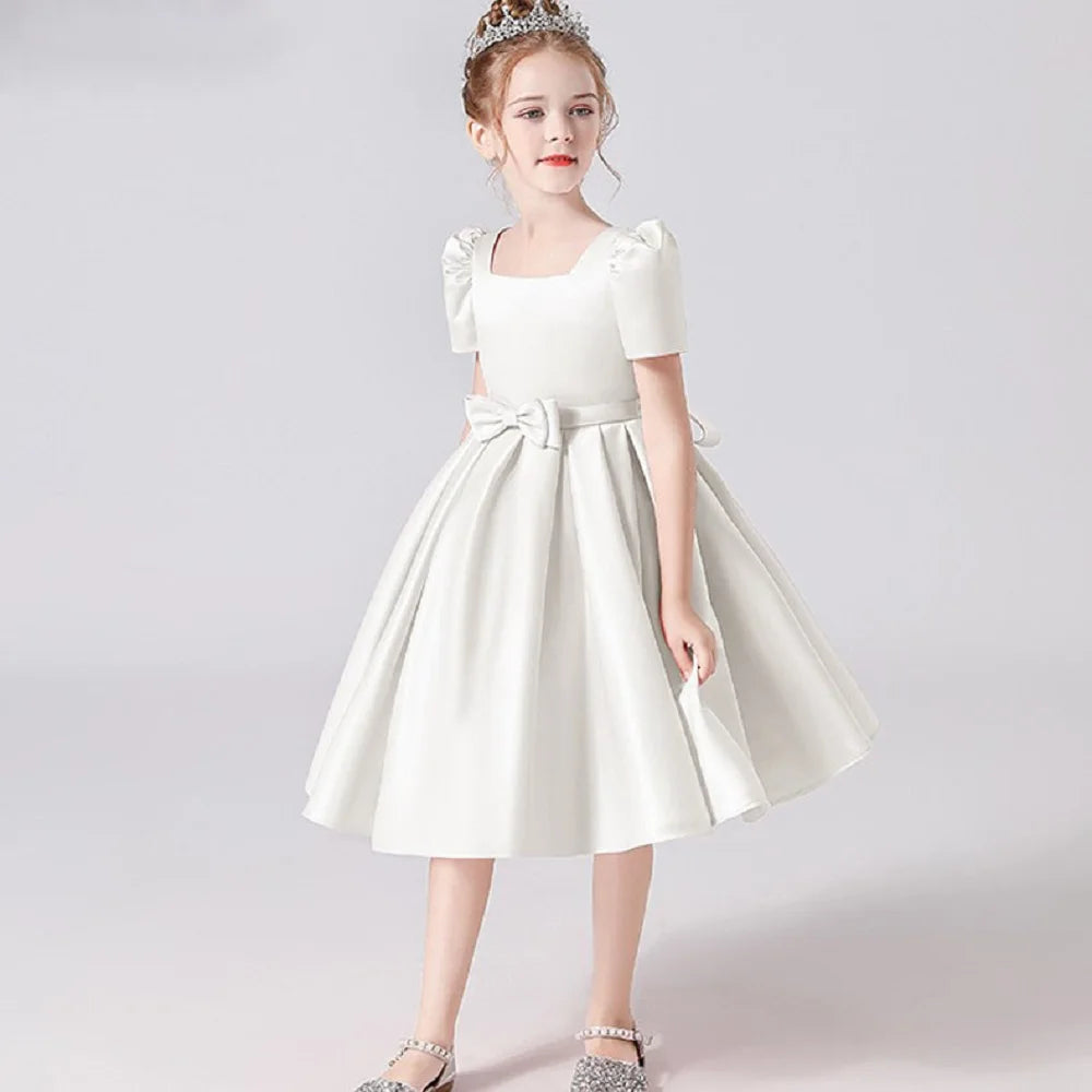 Satin Flower Girls Dress with Square Collar - Elegant Party Dress for Weddings, Birthday & Special Occasions