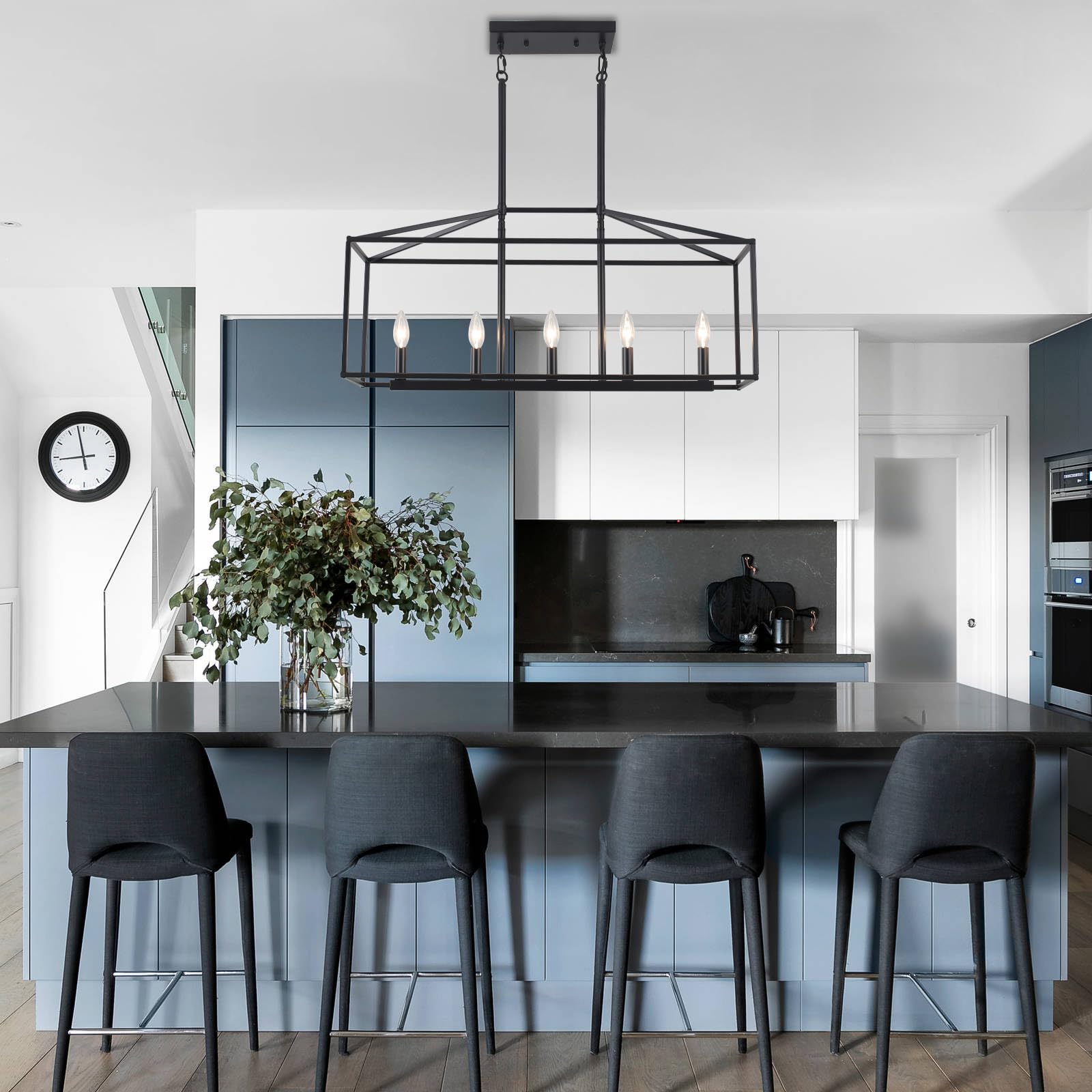 ALISADABOY Modern Black Rectangle Chandelier - 5-Light Linear Pendant Lighting for Farmhouse Dining Room, Rustic Kitchen Island & Living Room | Perfect Over Dining Table & Kitchen Counter