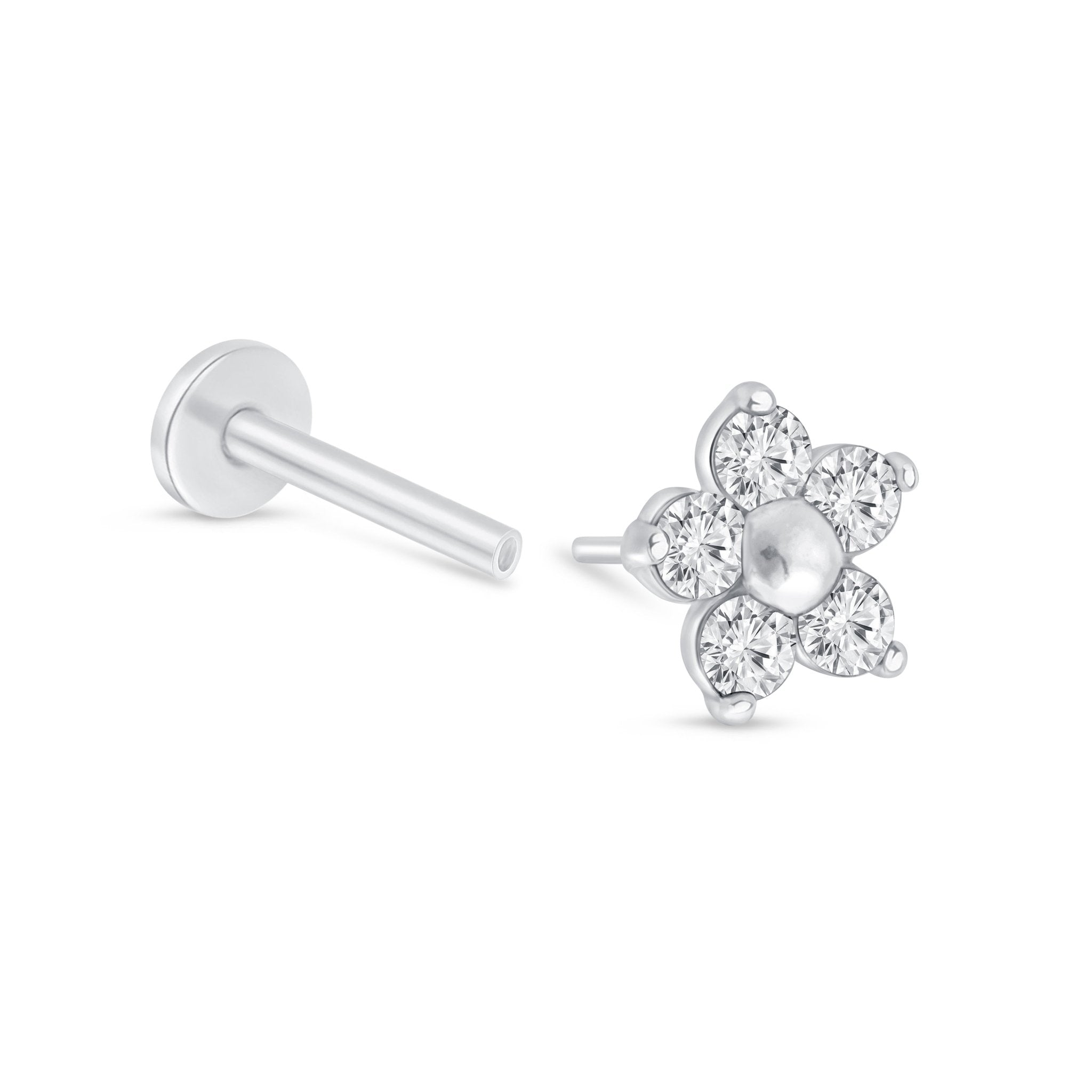 14k White Gold Diamond Flower Stud Earrings for Women - Elegant Flat Back Earrings for Daily Wear & Special Occasions