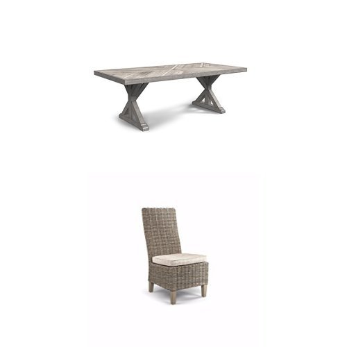 Ashley Furniture Beachcroft 6-Piece Outdoor Dining Set with Rectangular Table, Umbrella Hole, 2 Arm Chairs, 2 Side Chairs & Cushioned Bench - Beige Patio Furniture for Backyard, Garden & Poolside Dining