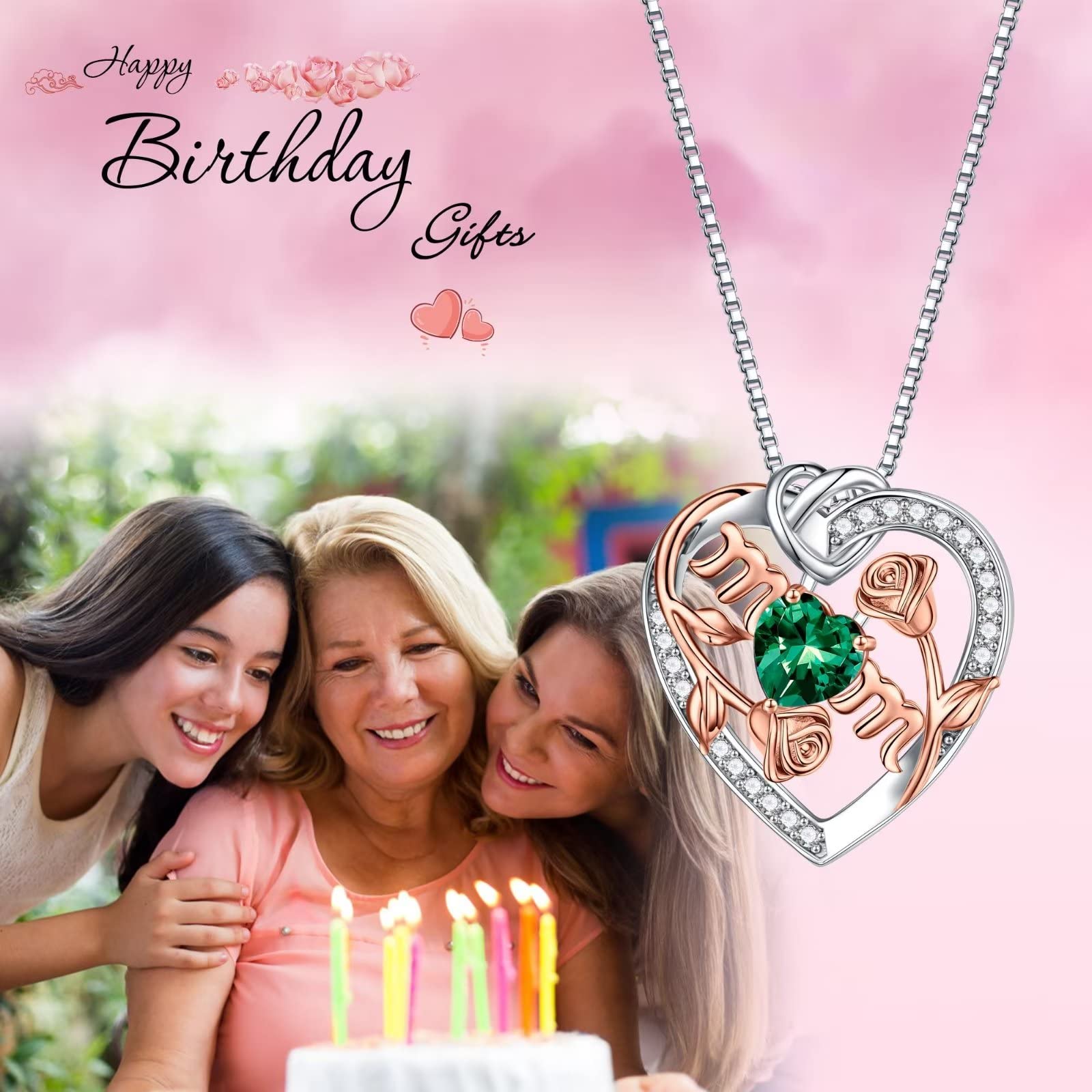 Rose Birthstone Necklace for Mom - S925 Sterling Silver Heart Pendant with Birthstone, Mothers Day Jewelry Gift, Valentines Day Present, Birthday Keepsake - Perfect for Special Occasions & Everyday Wear
