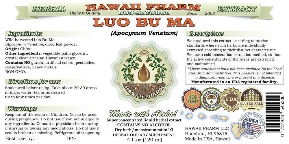 Organic Luo Bu Ma (Apocynum Venetum) Leaf Alcohol-Free Liquid Extract - 64 oz Herbal Supplement by Hawaii Pharm | Natural Stress Relief & Heart Health Support | Perfect for Teas, Tinctures & Holistic Wellness Routines