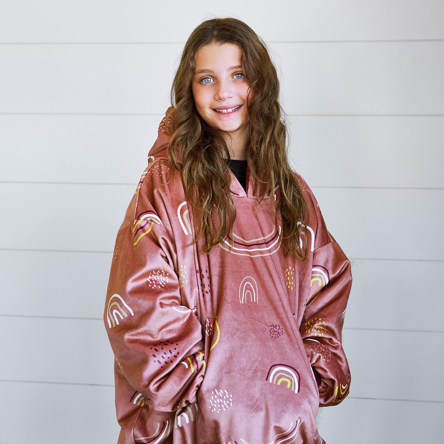 Nestl Kids Wearable Blanket Hoodie - Reversible Plush Microfiber Oversized Hooded Sweatshirt Blanket for Boys & Girls (Burgundy/Rainbow) | Warm Cozy Fleece Lounge Wear for Sleepovers, Movie Nights & Winter Comfort