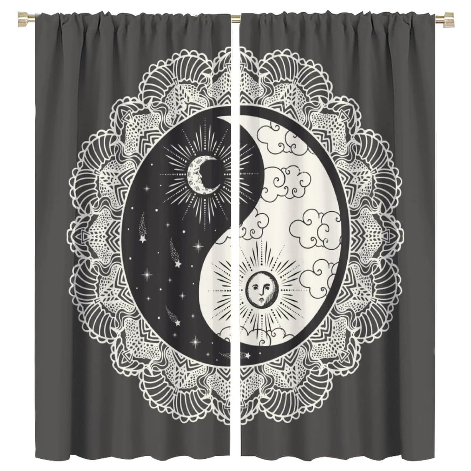 Bohemian Sun Moon Star Print Blackout Curtains - 2 Panels Set, 63x72 Inch, Rod Pocket Design for Small Windows | Perfect for Bedroom, Living Room & Nursery Decor