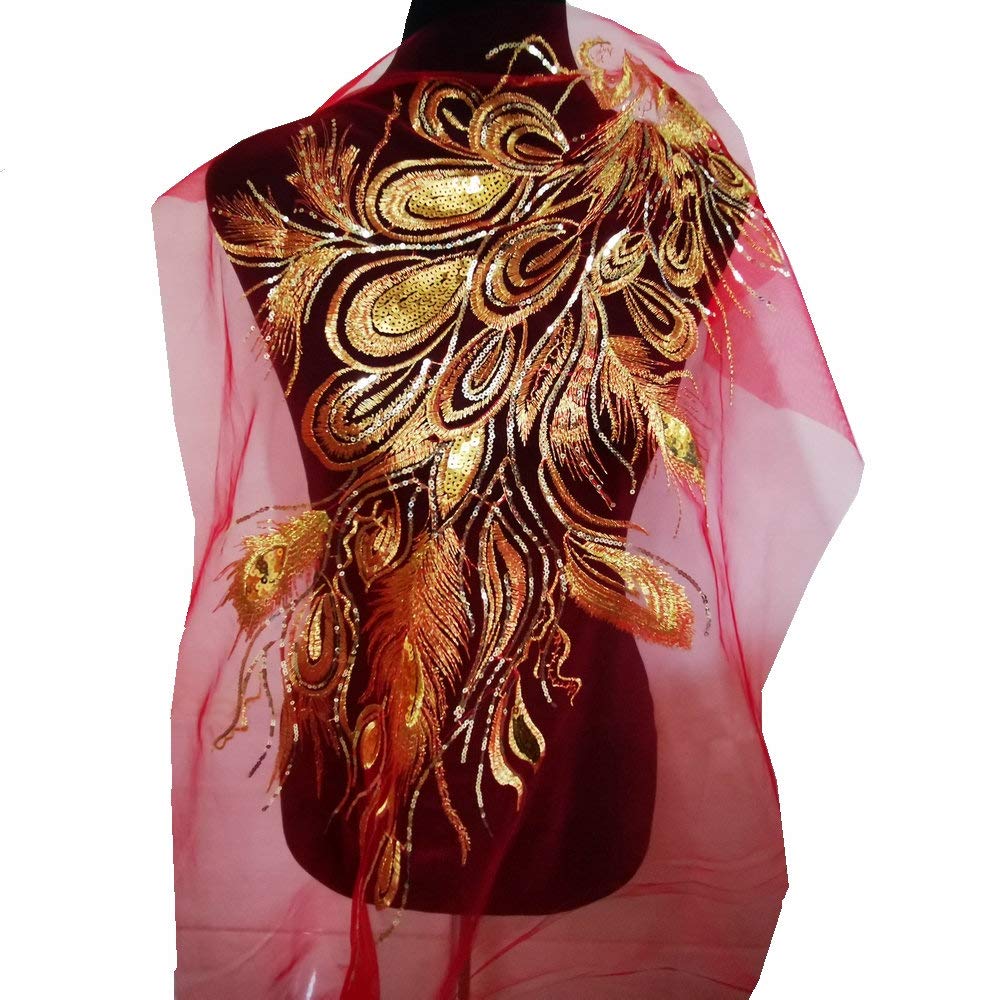 Golden Peacock Sequin Phoenix Feather Mesh Embroidery Applique Patch for Cheongsam Dress, DIY Costume & Stage Performance Accessories – Perfect for Dance, Cosplay, and Fashion Design