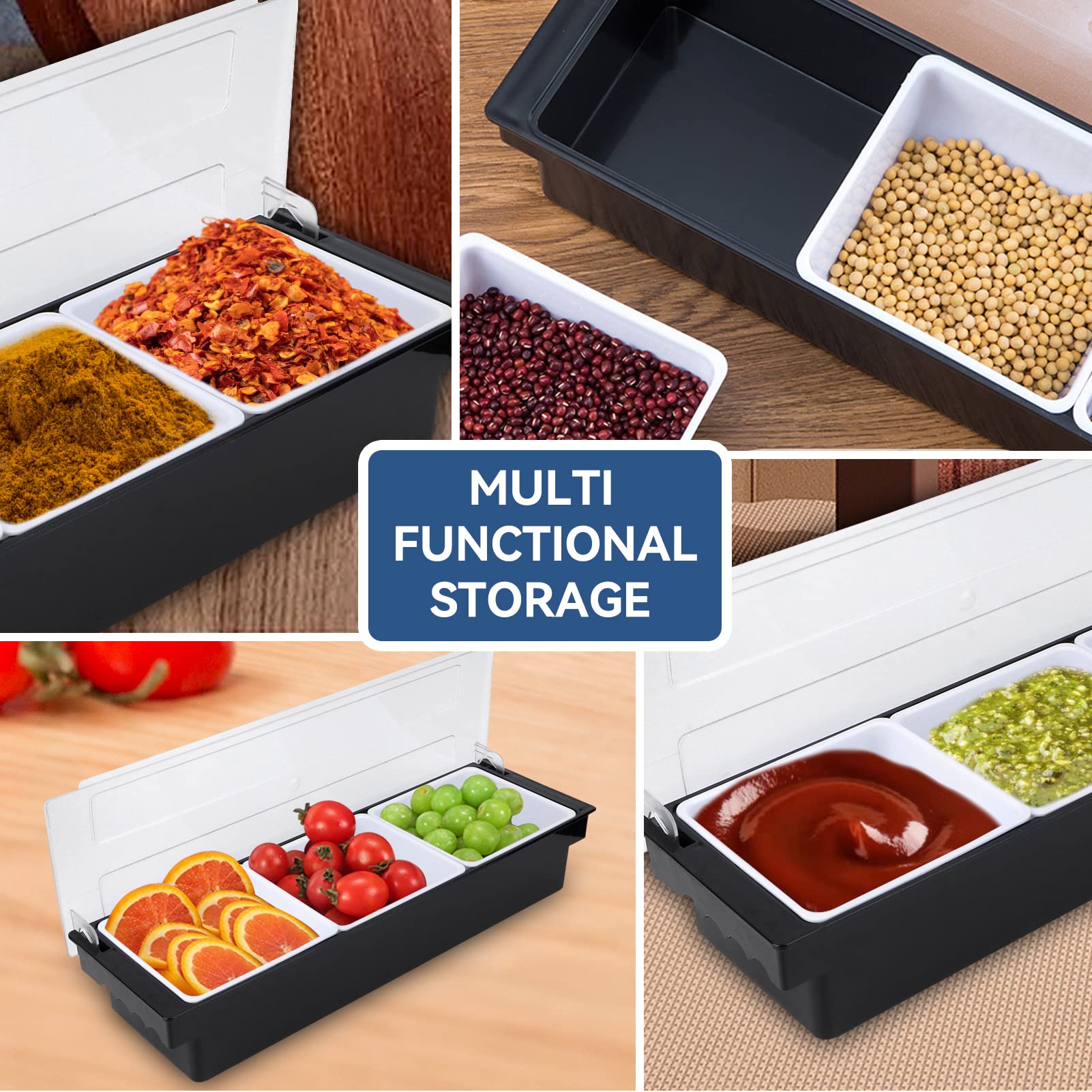 3-Compartment Plastic Food & Condiment Dispenser with Lid - Bar Garnish Station Tray for Tacos, Ice Cream, Fruits & Salads | Perfect for Restaurants, Cafes & Party Serving
