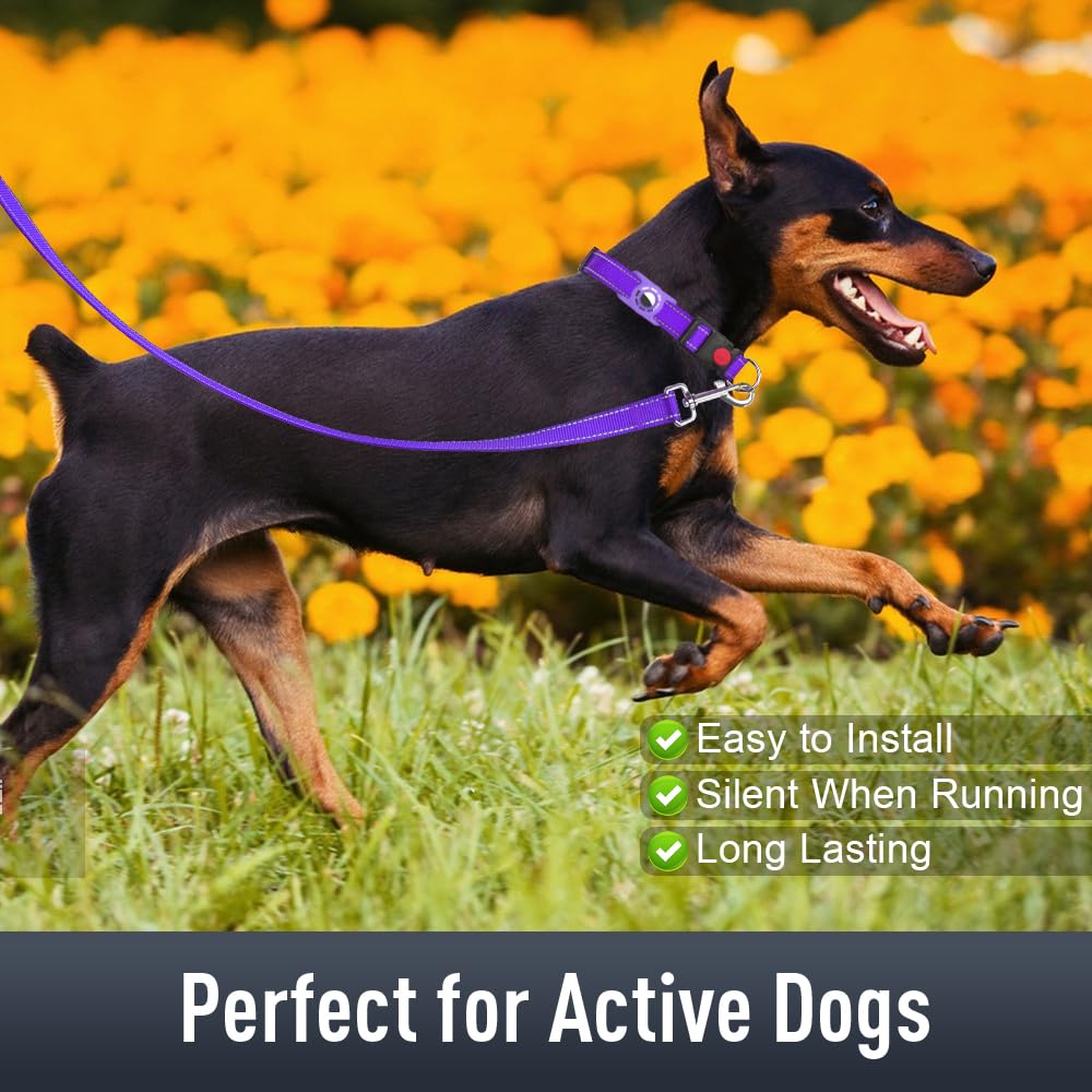 AirTag Dog Collar with Secure Holder - Reflective Nylon Pet Collar with Soft Padding & Safety Buckle - Adjustable for Medium Dogs & All Breeds (Purple) - Perfect for Night Walks, Pet Safety & GPS Tracking