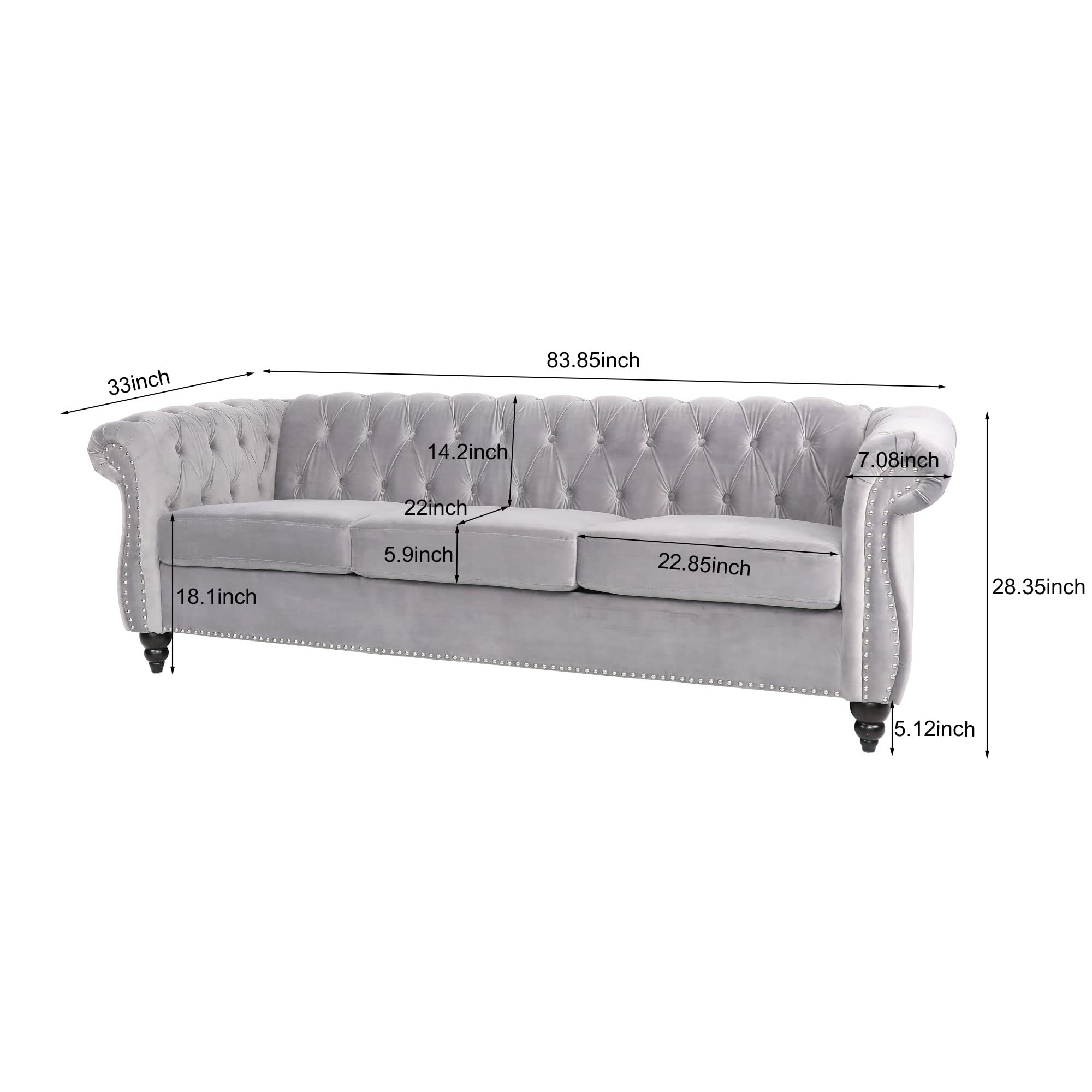 RARZOE Chesterfield Classic Sofa - Modern 3-Seater Velvet Couch with Tufted Back & Nailhead Trim Scroll Arms | Elegant Living Room Furniture for Apartments & Homes (Grey) | Perfect for Lounge, Family Room & Office Decor
