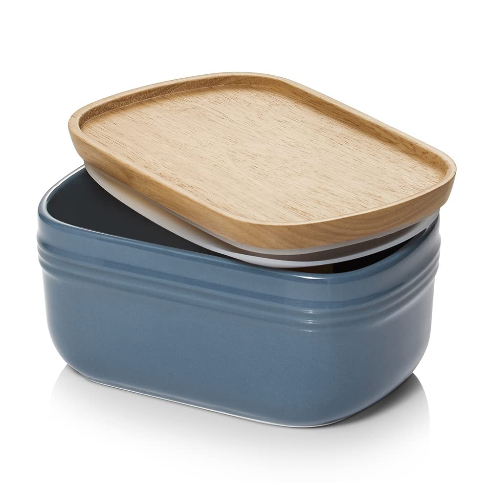 DOWAN Extra Large Ceramic Butter Dish with Wooden Lid - Airtight Butter Keeper for Countertop, Fridge & Freezer - Farmhouse Style Kitchen Decor in Airy Blue - Perfect for Baking, Breakfast Spreads & Charcuterie Boards