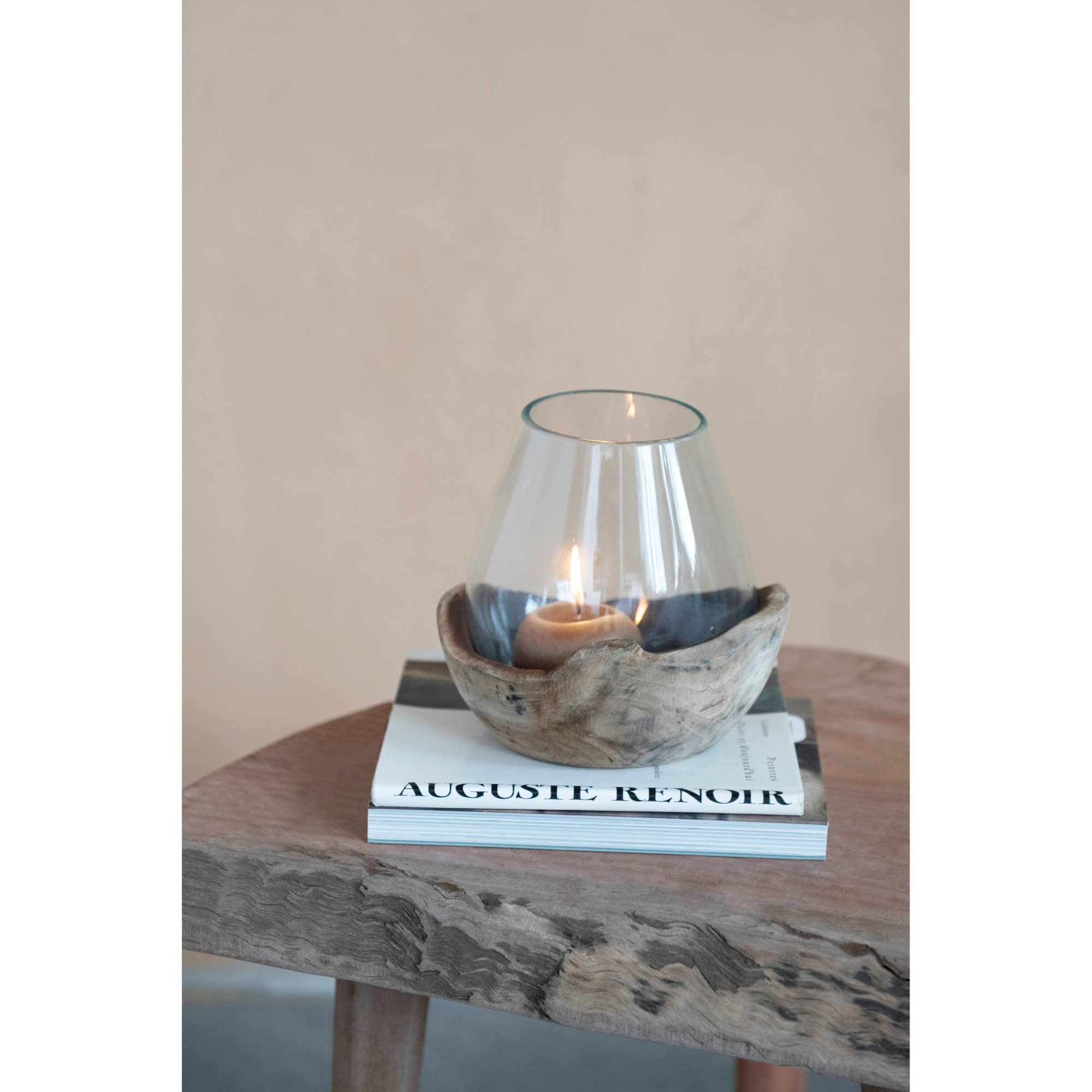 Creative Co-Op Glass Hurricane Vase with Natural Wood Base - Perfect for Wedding Centerpieces, Home Decor & Floral Arrangements