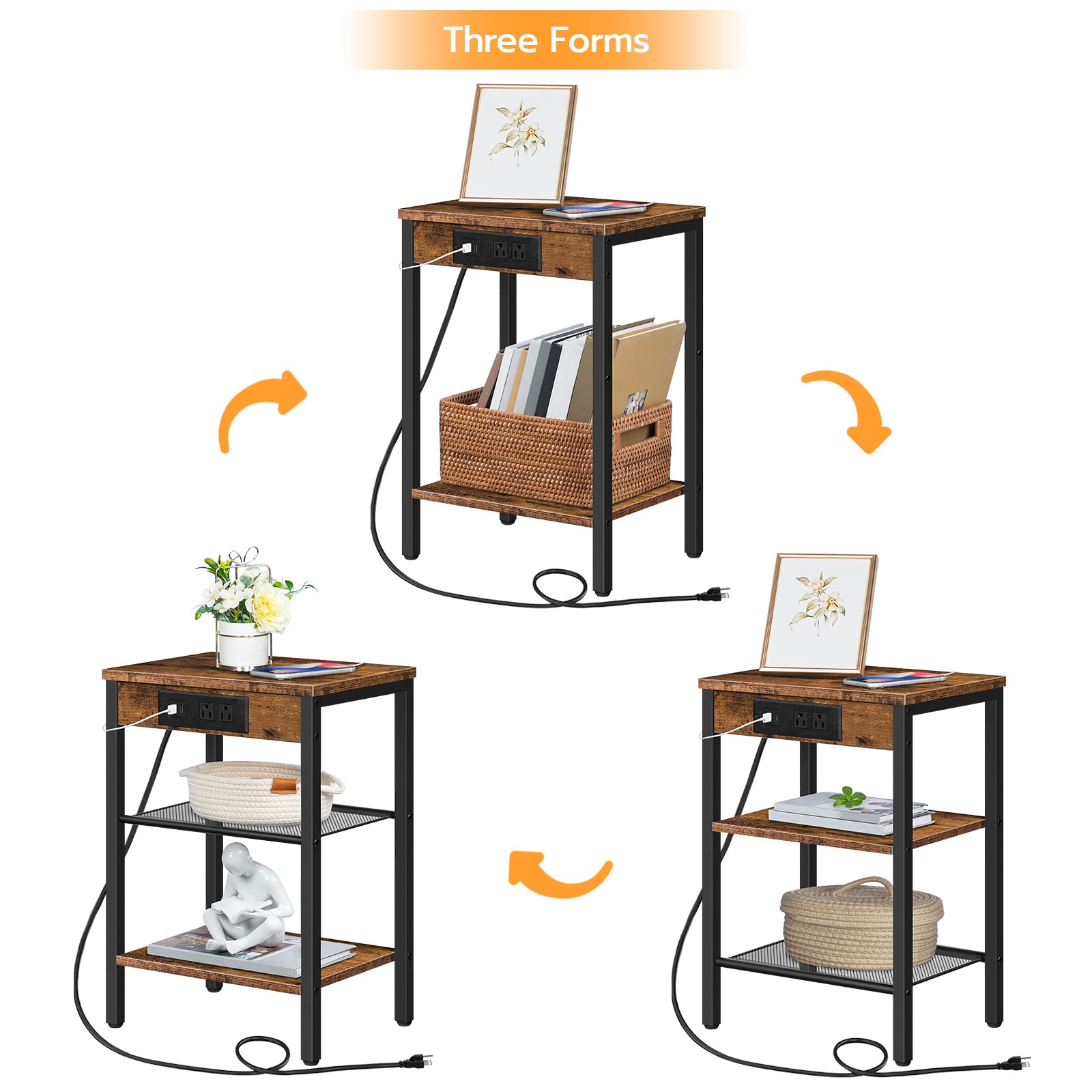 HOOBRO 3-Tier End Table with Charging Station & USB Ports - Adjustable Shelf Small Side Table for Living Room, Bedroom, Balcony - Rustic Brown Nightstand for Small Spaces | Perfect for Apartments, Dorms & Cozy Corners BF112BZ01