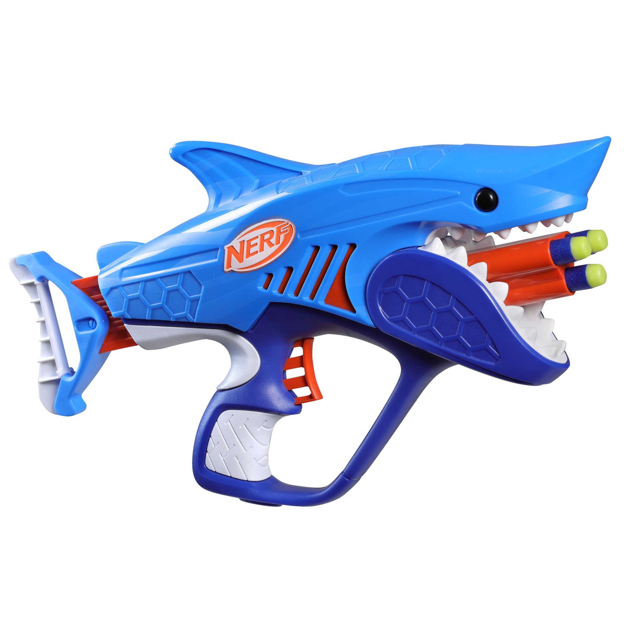 NERF Junior Wild Sharkfire Dart Blaster Toy - Easy to Play with 8 Nerf Elite Darts - Fun Outdoor Shark-Themed Blaster for Kids Ages 6+ - Perfect for Backyard Battles, Birthday Parties & Summer Playtime