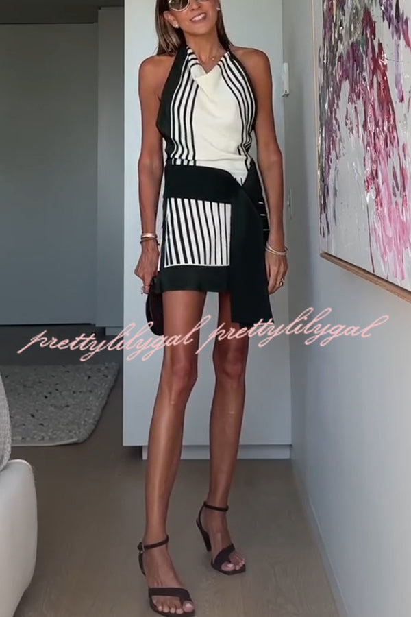 Stylish Striped Beads Cowl Neck Backless Tie-Up Mini Dress for Summer Events | Perfect for Beach Parties, Date Nights & Vacation Outfits