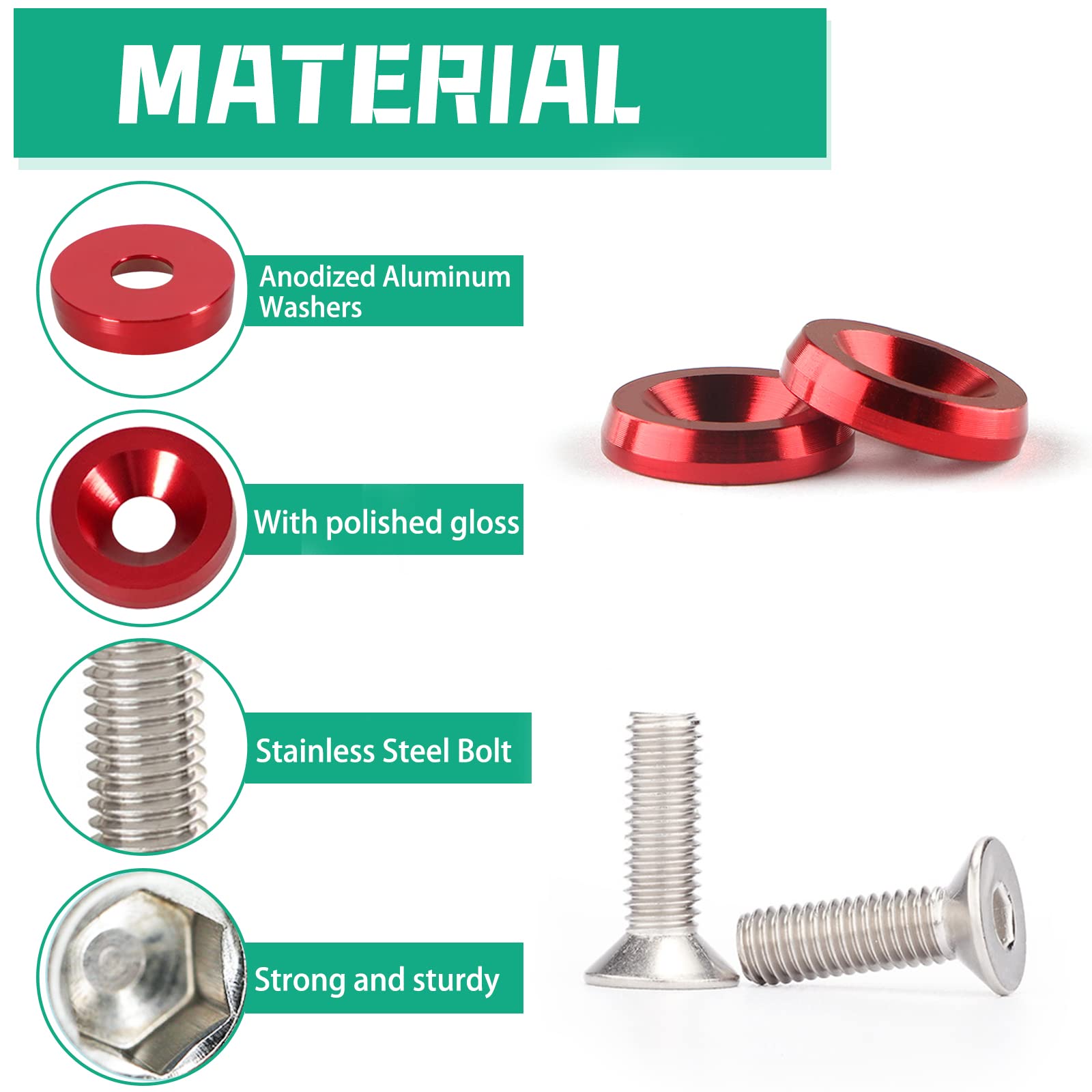 YESHMA 30Pcs M6x20mm Bumper Washers with Bolts - Red Aluminum Fastener Kit for Headlights & License Plates