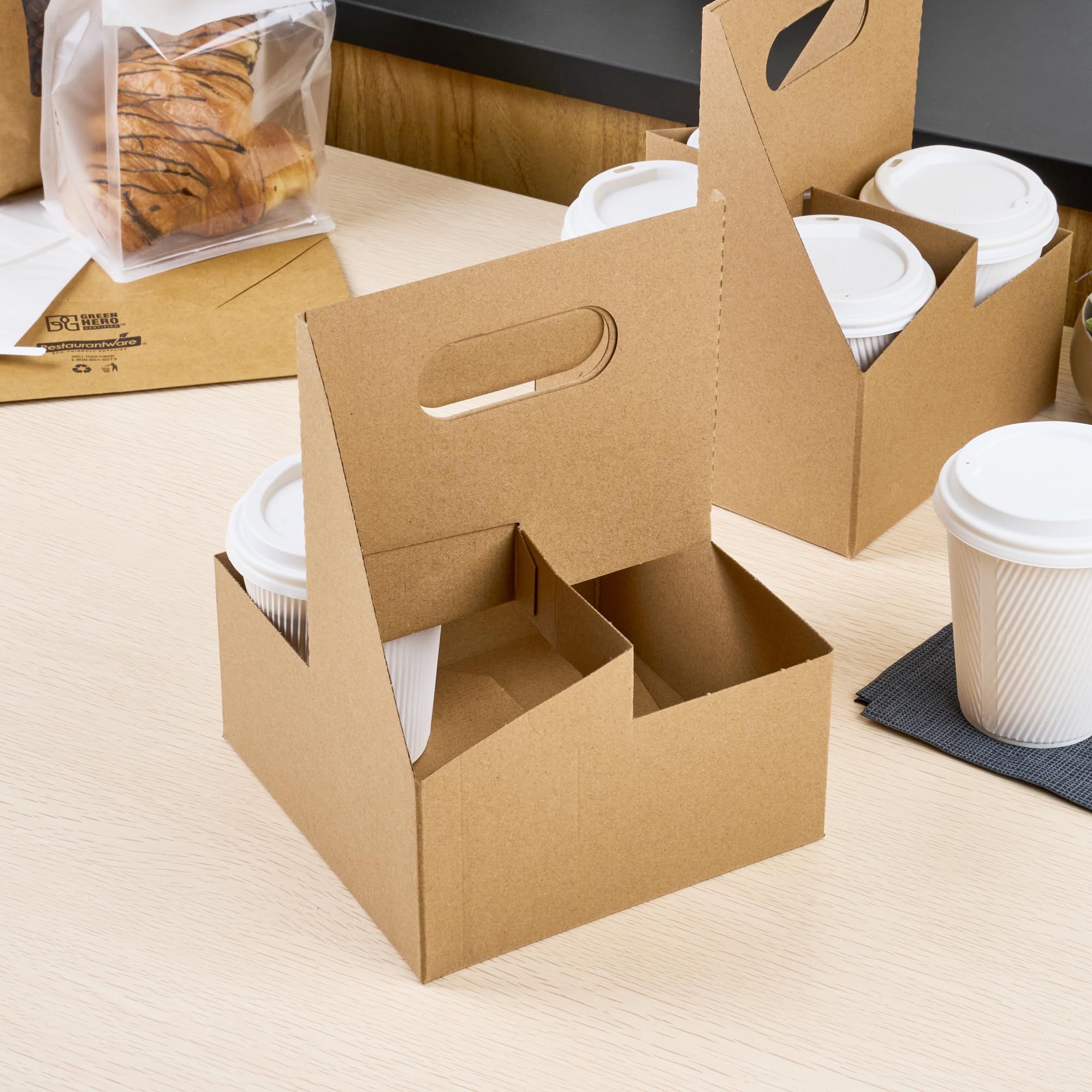 Restaurantware Altalena 100-Pack Disposable Drink Carriers with Handles - Kraft Paper Cup Holders for 4 Beverages | Perfect for Coffee, Smoothie & Bubble Tea Delivery, Takeout & Food Truck Use