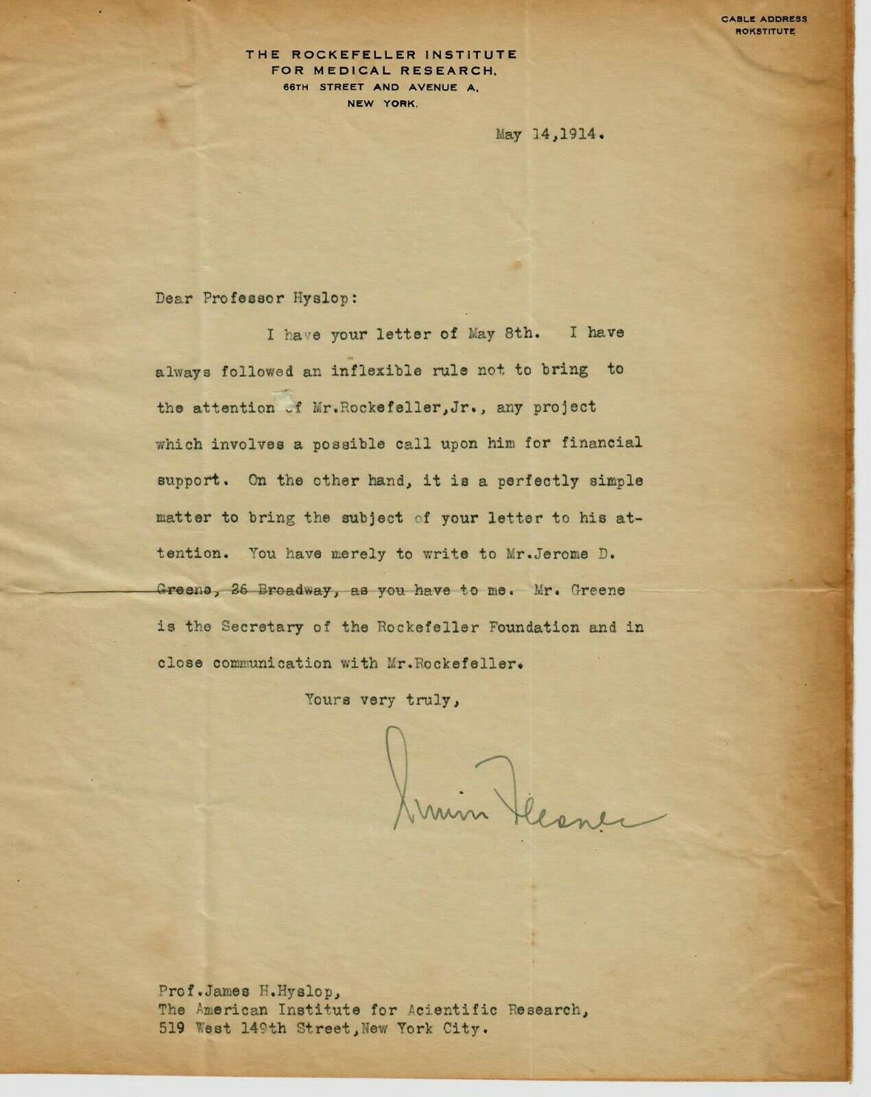 Simon Flexner Hand Signed TLS Serum For Meningitis Research Letter Dated 1914 - Framed Collectible Document for Medical History Enthusiasts & Antique Memorabilia Display