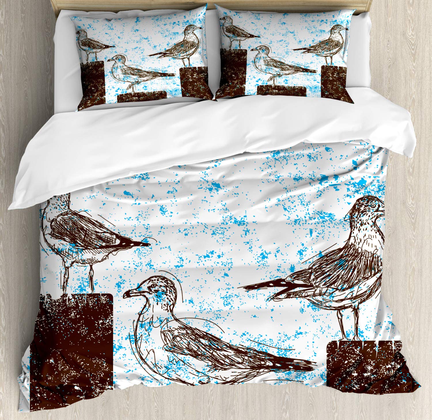 Ambesonne Seagulls Duvet Cover Set - Queen Size Blue White Brown Abstract Print 3-Piece Bedding with 2 Pillow Shams | Coastal Nautical Beach House Decor for Master Bedroom, Guest Room & Vacation Homes