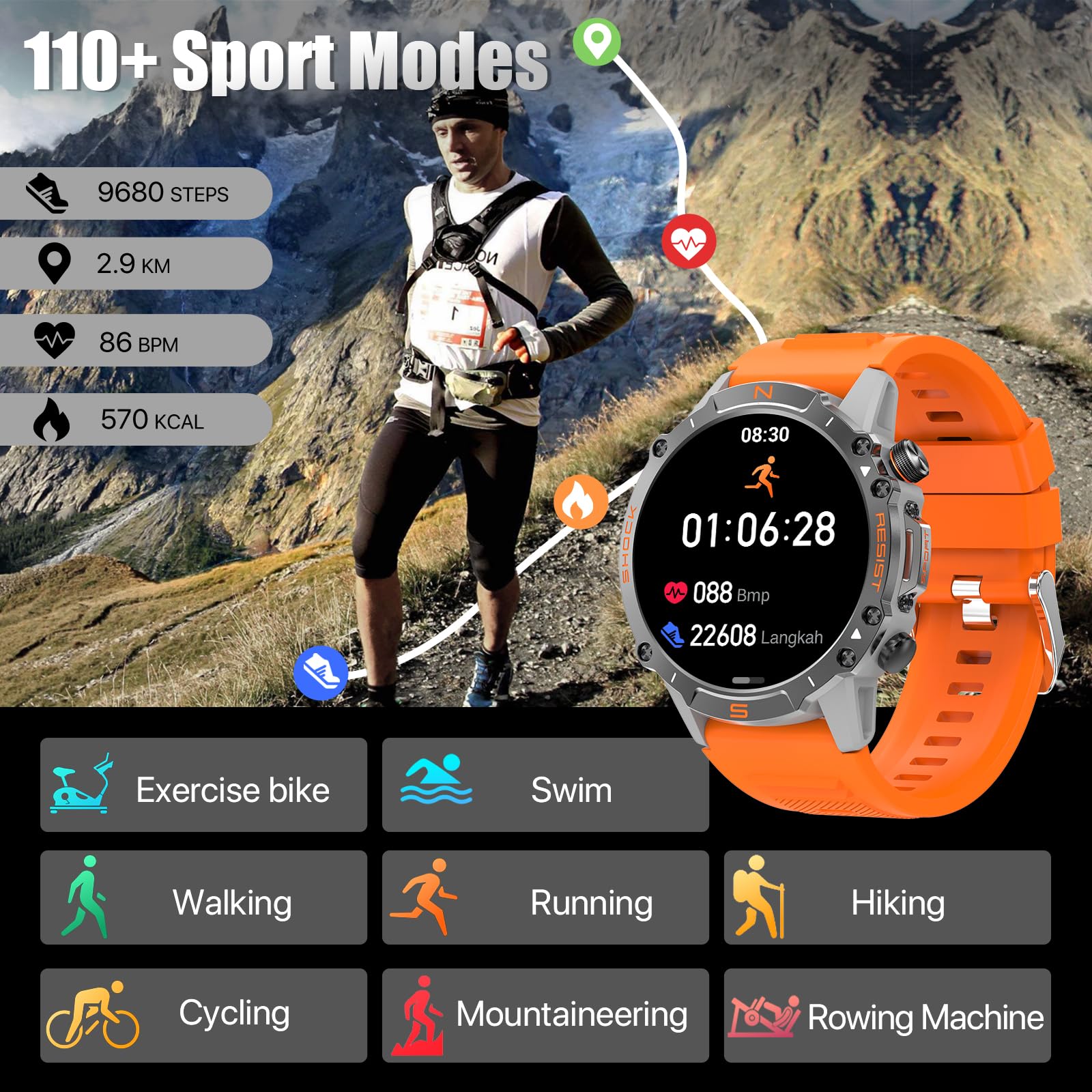 WalkerFit Smart Watch for Men - 60 Days Battery Life, Waterproof Military Fitness Tracker with 1.43