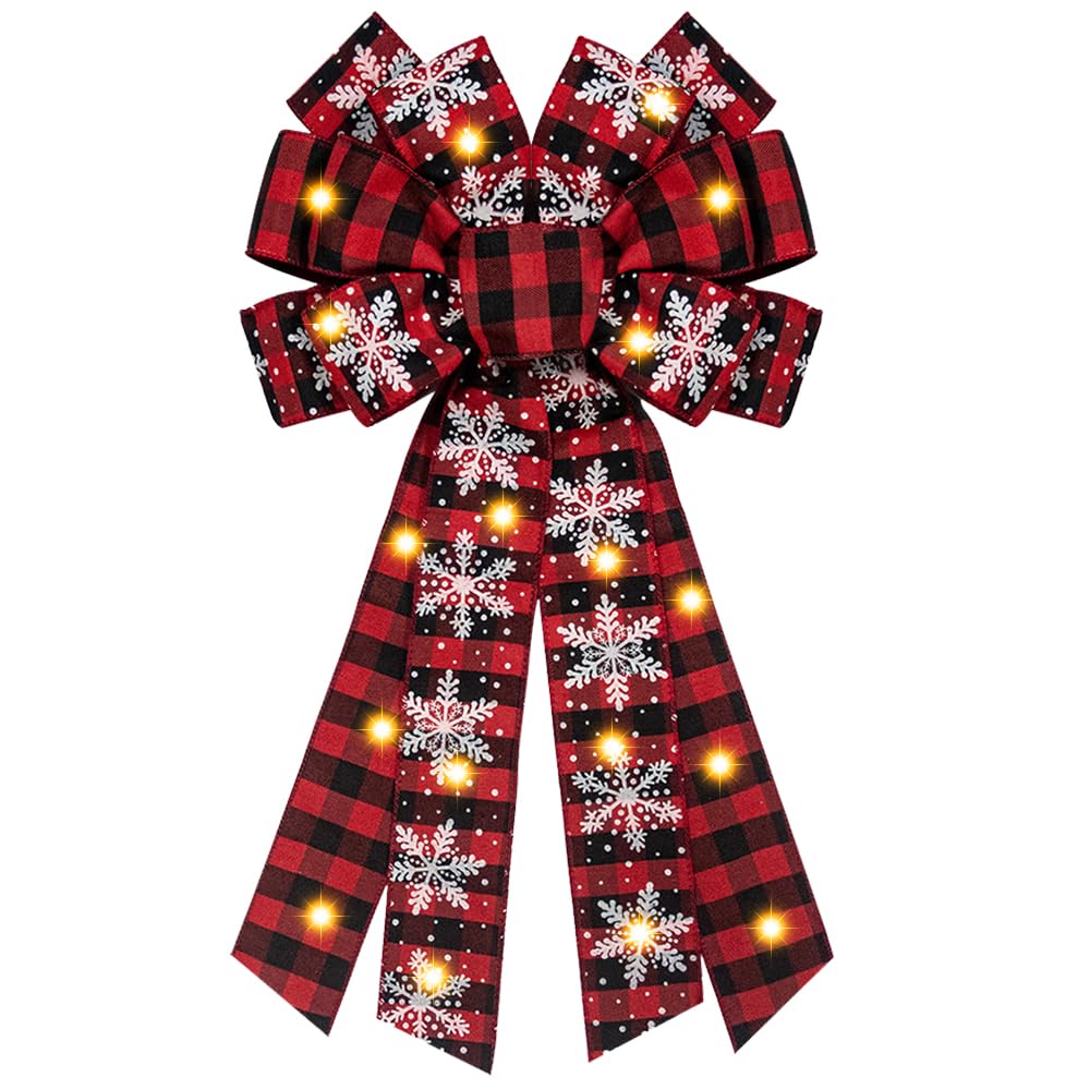 Large LED Christmas Bows for Wreaths - Red Black Buffalo Plaid Wreath Bows with Battery Operated Lights - Xmas Tree Topper & Front Door Decorations - Perfect for Holiday Parties, New Year Celebrations & Festive Home Decor