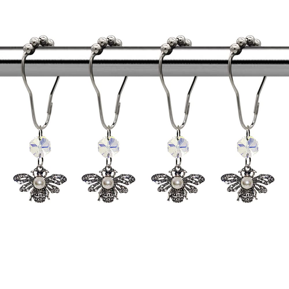 Stainless Steel Bee Shower Curtain Hooks Set of 12 - Rustproof Shower Curtain Rings with Rhinestone Bees & Flower Design for Bathroom Decor (Silver) | Perfect for Garden-Themed Bathrooms, Kids' Rooms & Vintage Style Home Decor