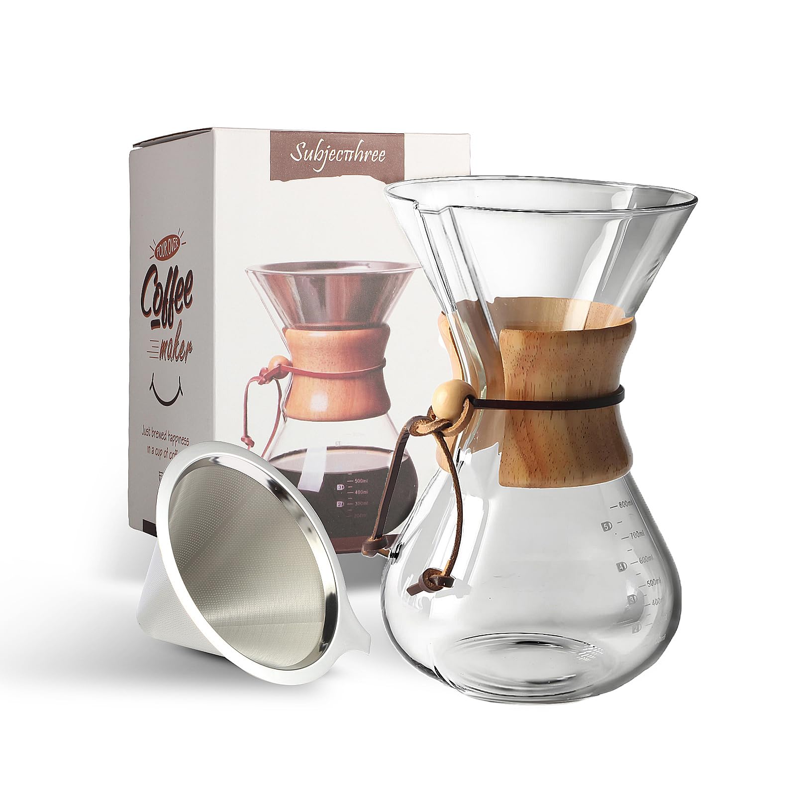 Subjectthree 8 Cup Pour Over Coffee Maker - Classic Glass Dripper Brewer with Heat-Resistant Carafe (28oz) - Perfect for Home Brewing, Office Use & Camping Coffee