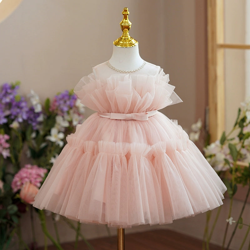 Pink Princess Round Tea Length Tulle Flower Girl Dress - Perfect for Weddings, Birthday Parties & Special Occasions