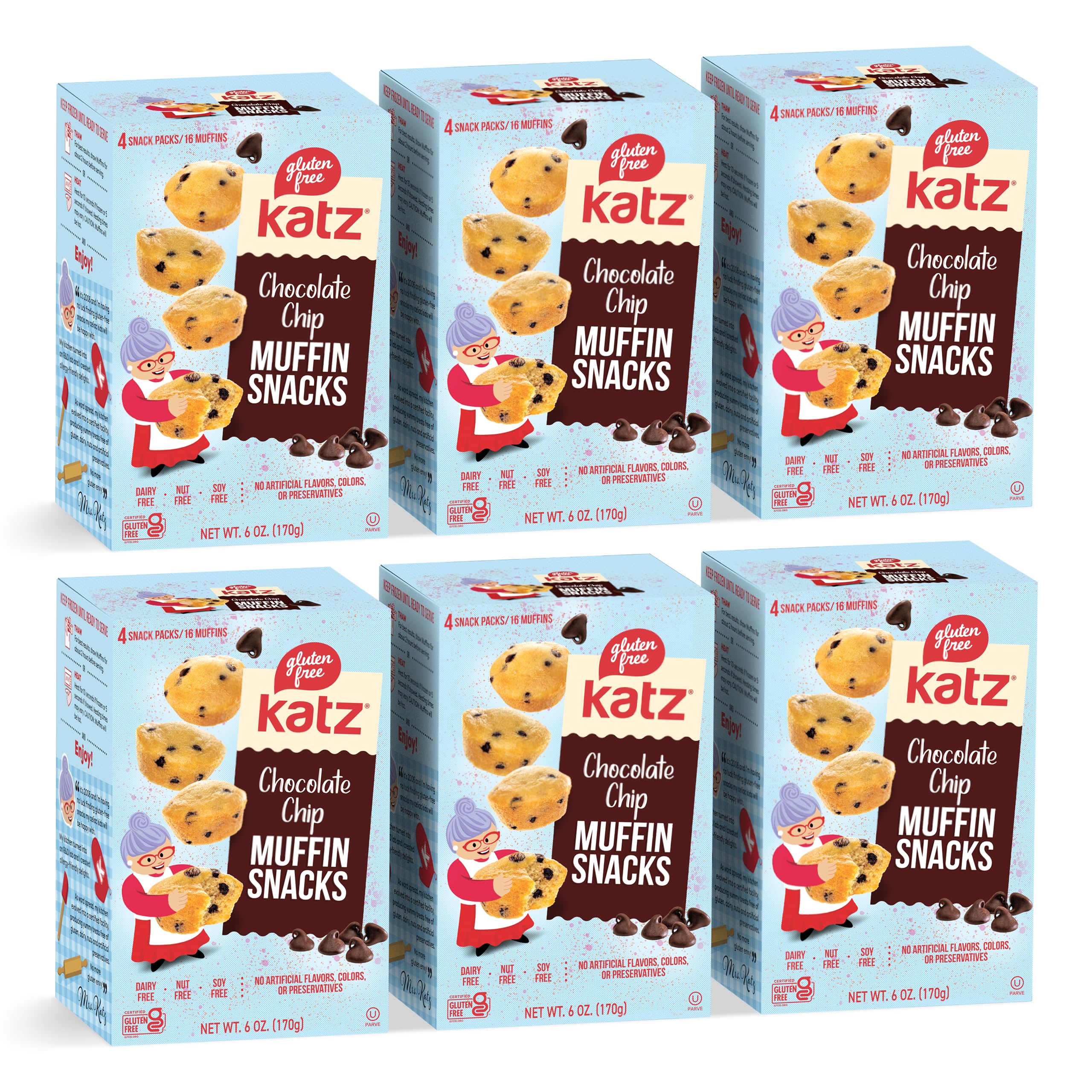 Katz Gluten Free Chocolate Chip Muffin Snacks - 6 Pack (6 Oz Each) | Dairy Free, Nut Free, Soy Free, Kosher Certified | Perfect for School Lunches, Road Trips & On-the-Go Snacking