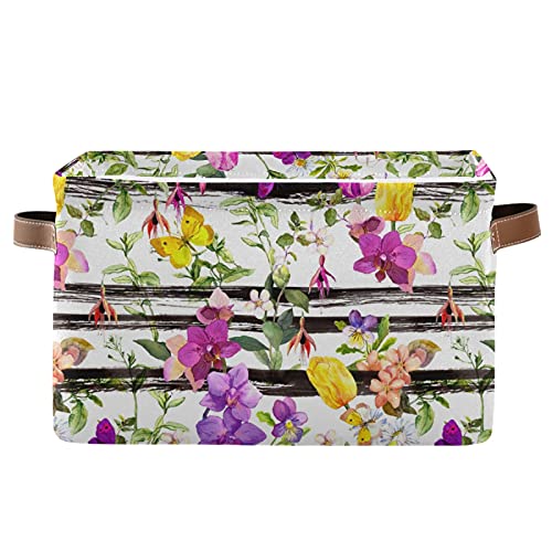 Collapsible Storage Basket with PU Handles - Waterproof Meadow Flowers & Butterflies Design Organizer for Nursery, Laundry, Toys | Portable Foldable Bin for Home, Office, Dorm Organization (1 Pack)