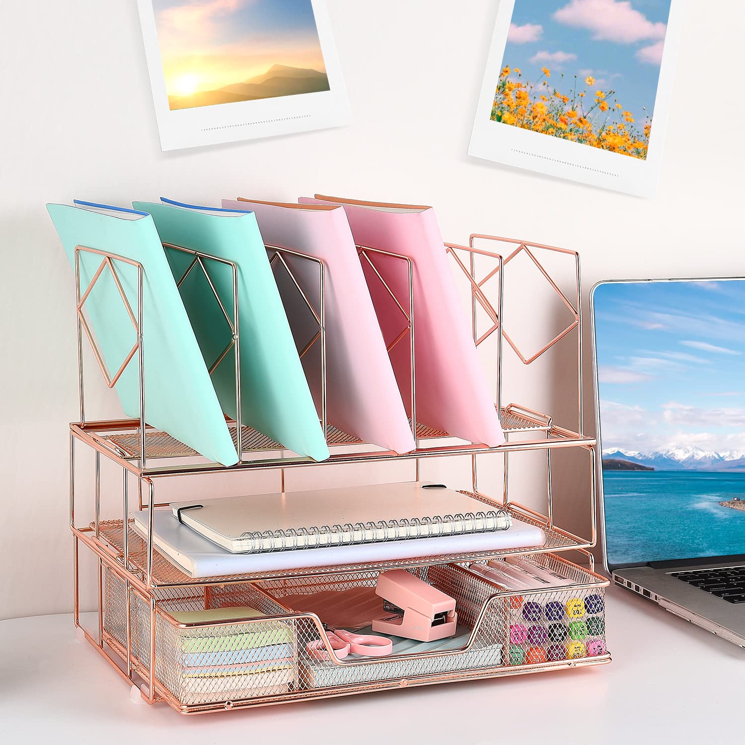 Gianotter Rose Gold Desk Organizer with Sliding Drawer, Double Tray & 5 Upright Sections - Office Supplies & File Sorter for Home, Office, or Workspace Organization