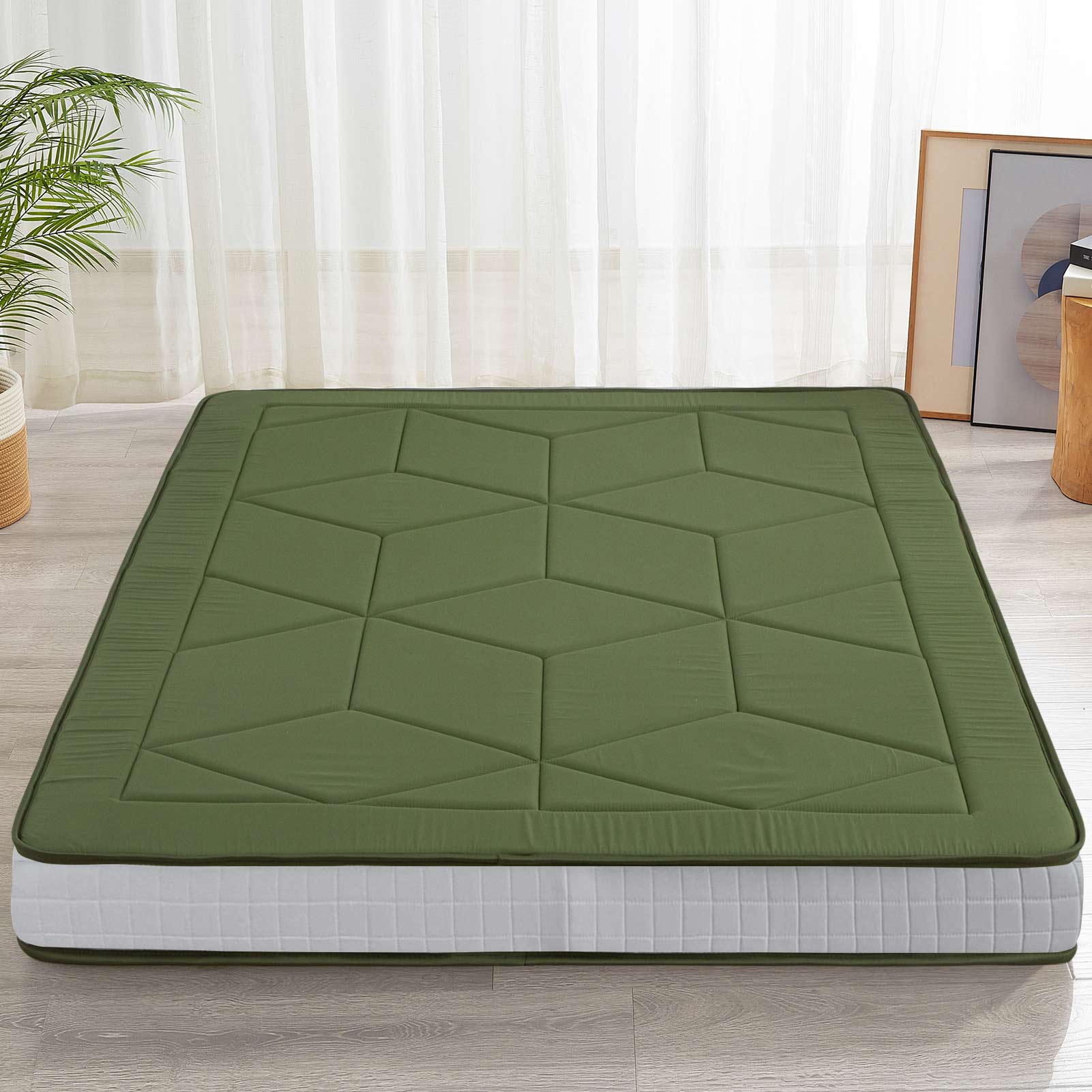 MAXYOYO 6-Inch Extra Thick Floor Futon Mattress - Geometric Diamond Quilted Bed Mattress Topper for Guest Bed, Dorm Room & Small Space Living | Foldable Floor Cushion for Sleeping, Lounging & Meditation