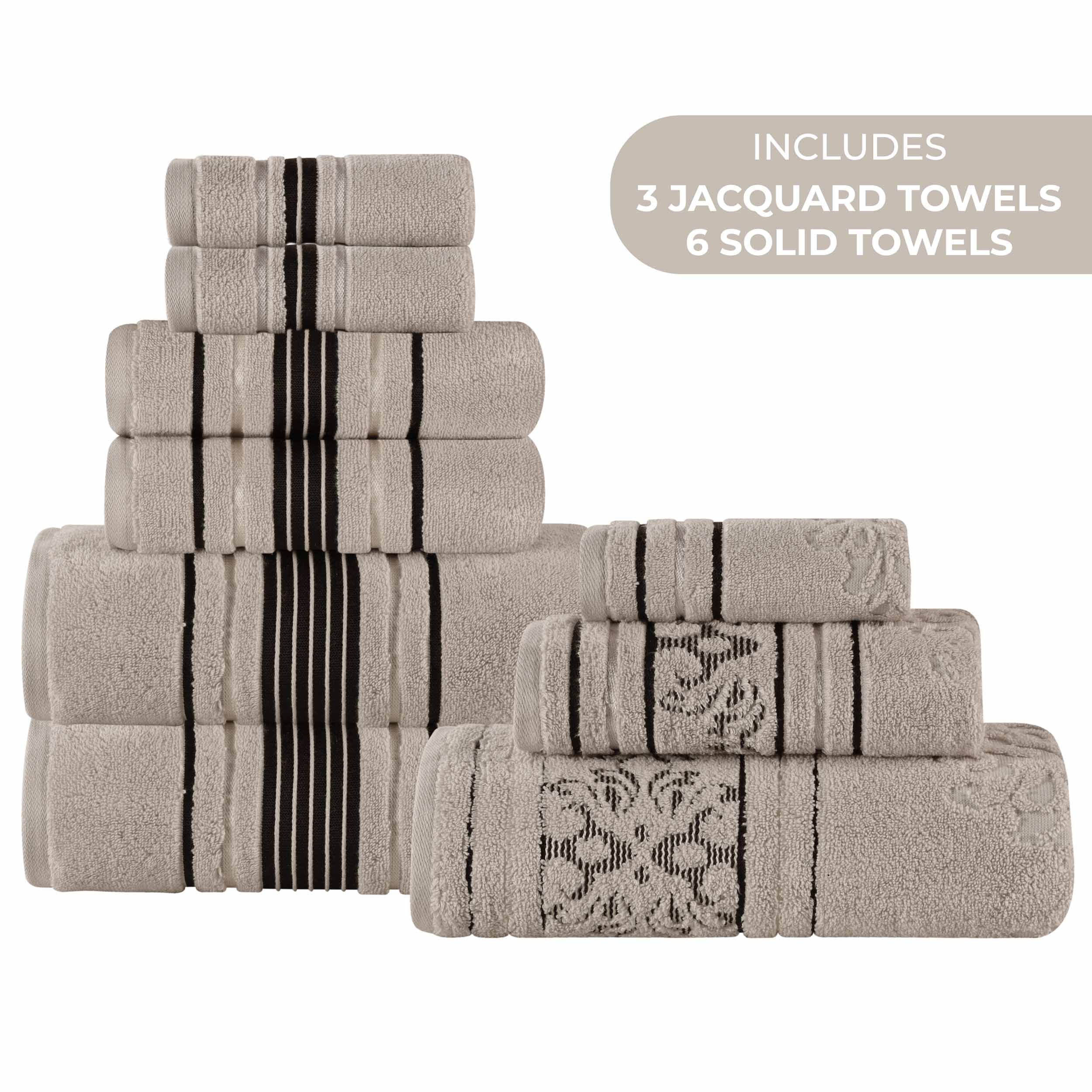 Sadie 9-Piece Zero Twist Cotton Towel Set - Solid & Jacquard Floral Bath Towels, Hand Towels & Washcloths - Soft & Absorbent for Bathroom, Spa & Guest Room