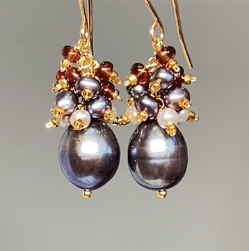 Gold Filled Peacock Pearl Cluster Earrings with Red Garnet - Elegant Dangle Earrings for Women, Perfect for Weddings, Parties & Special Occasions