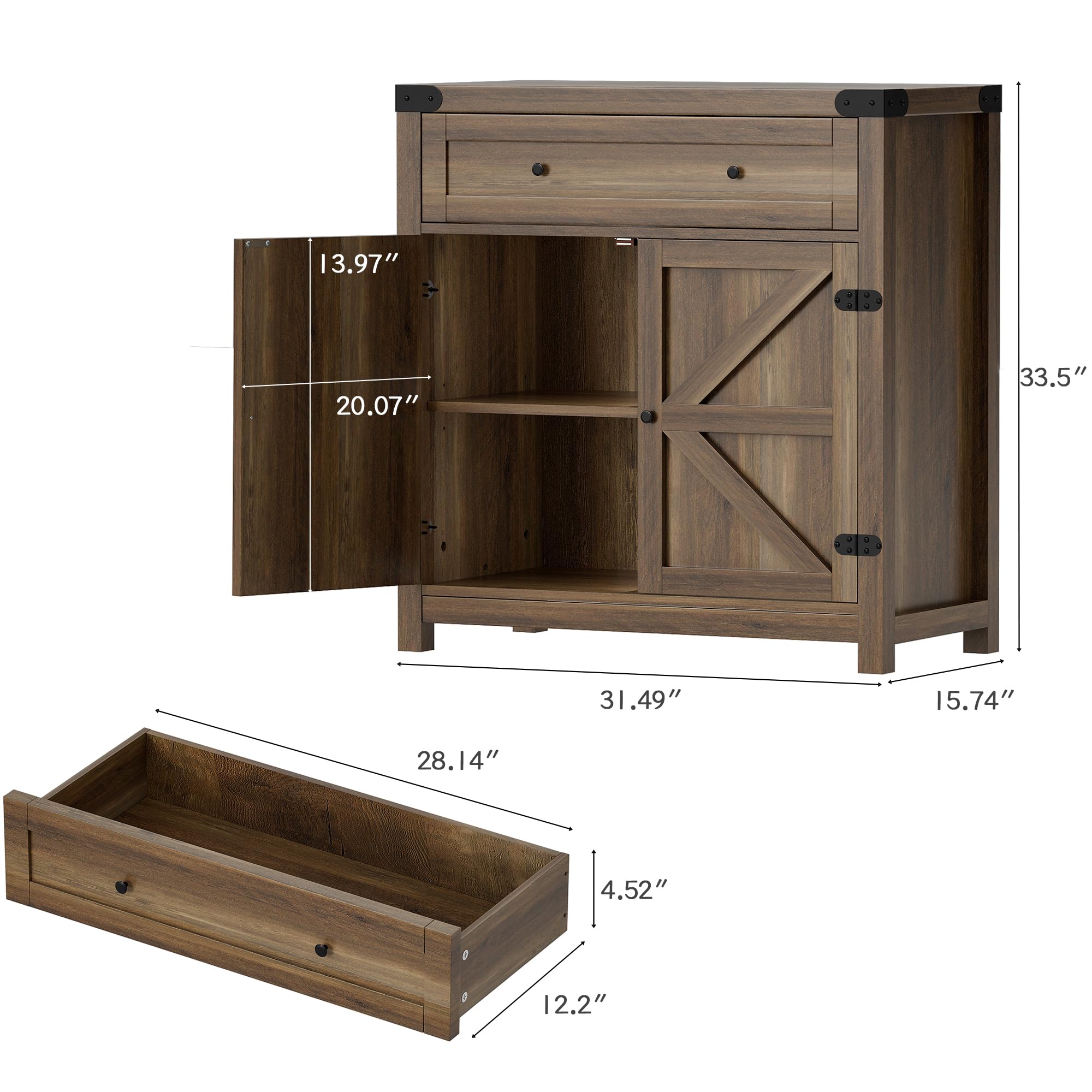 Flamaker Rustic Sideboard Buffet Cabinet with Storage - Farmhouse Coffee Bar Cabinet with 1 Drawer & 2 Barn Doors - Kitchen, Dining Room, Entryway Storage Solution - Perfect for Entertaining, Displaying Decor & Organizing Dishes (Brown)